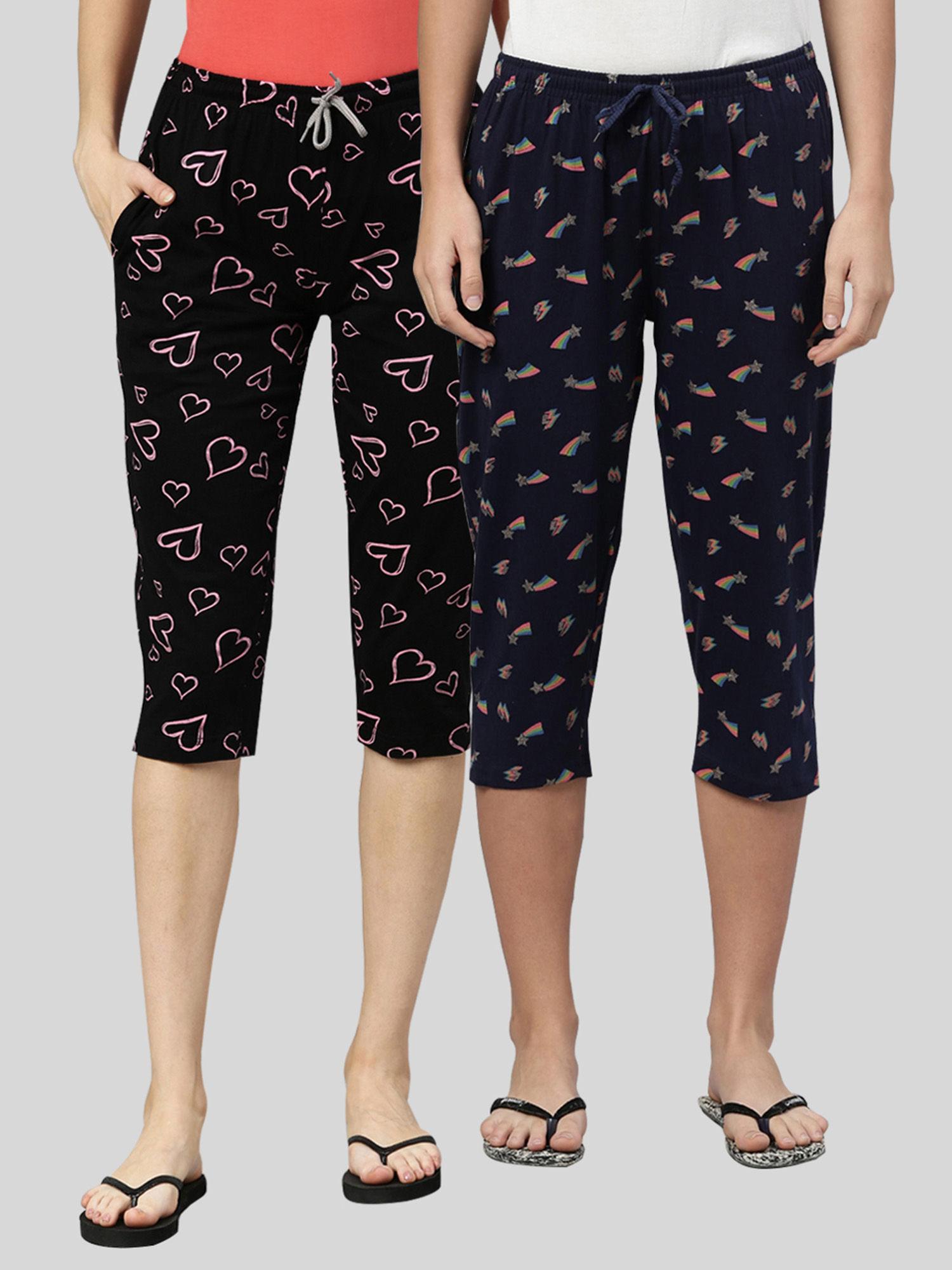 women black & navy printed regular fit cotton capris (pack of 2)