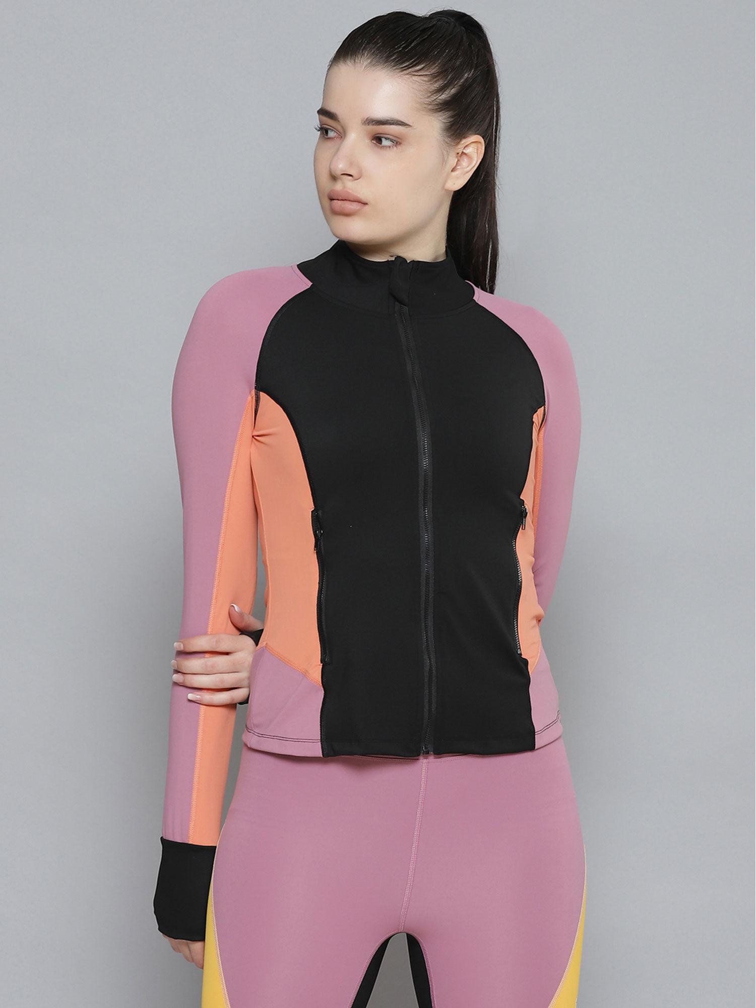 women black & orange colourblocked training quick dry sporty jacket