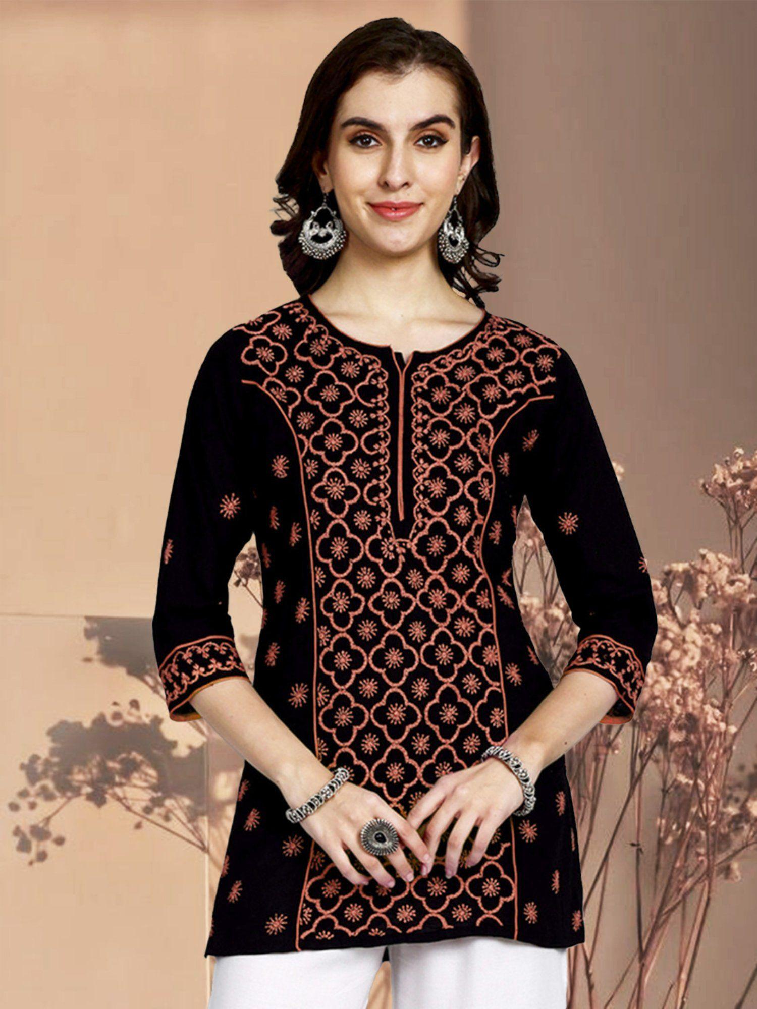 women black & orange ethnic motifs embroidered chikankari kurti