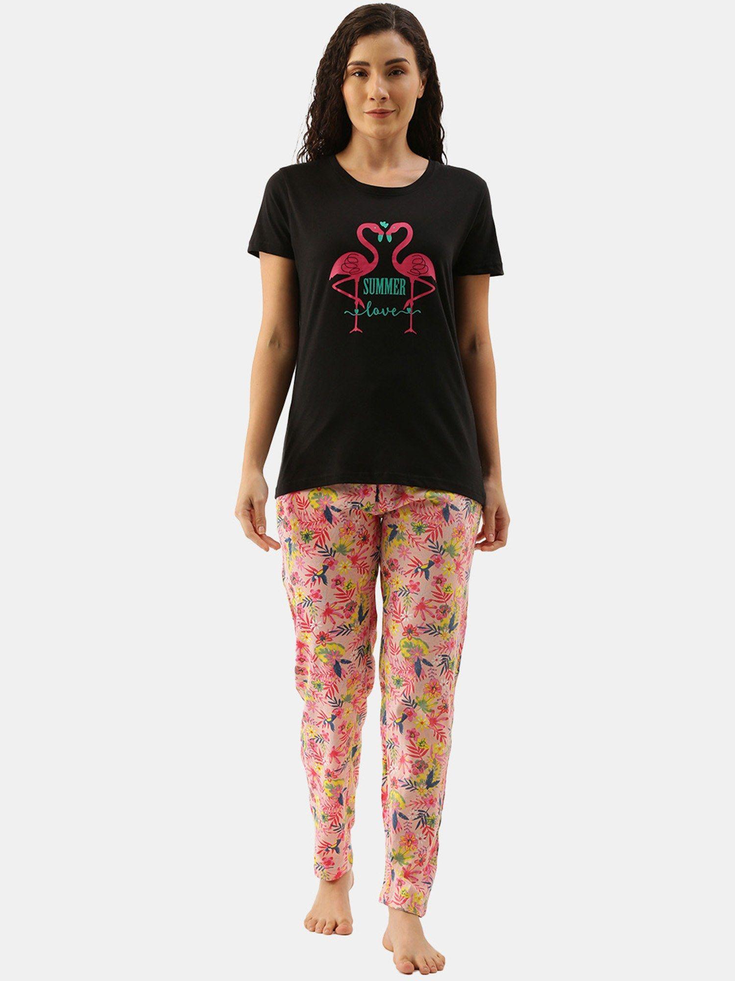 women black & pink pure cotton graphic printed t-shirt and pyjama (set of 2)