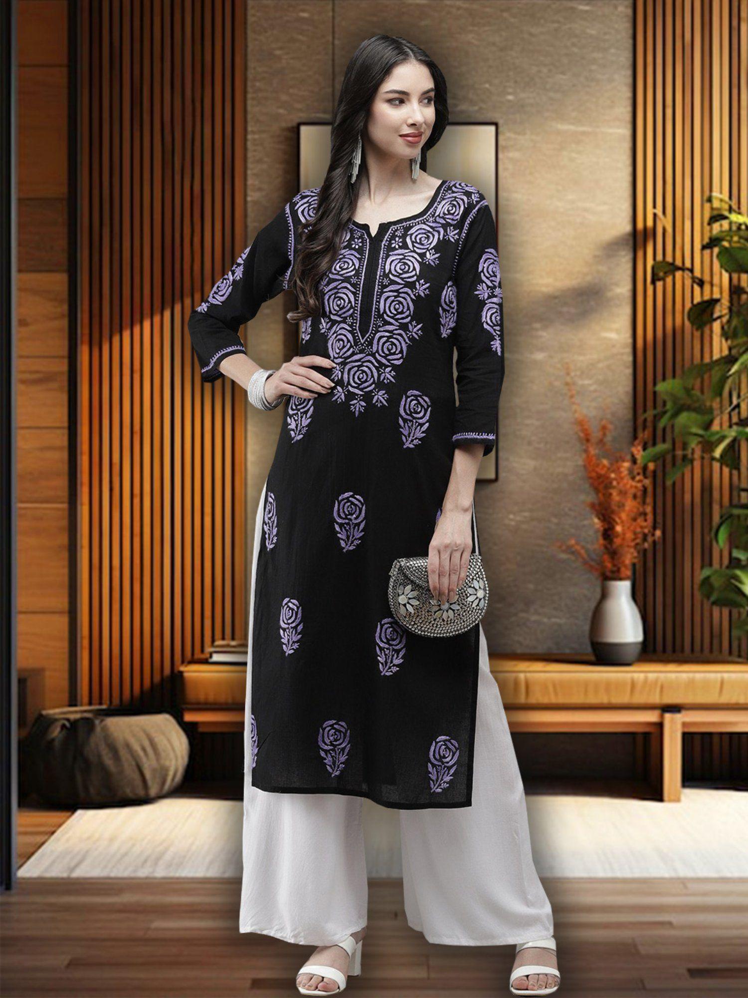 women black & purple ethnic motifs embroidered chikankari thread work kurta