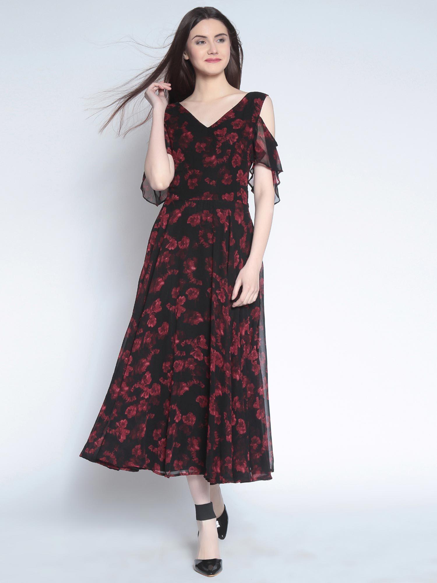 women black & red floral midi dress