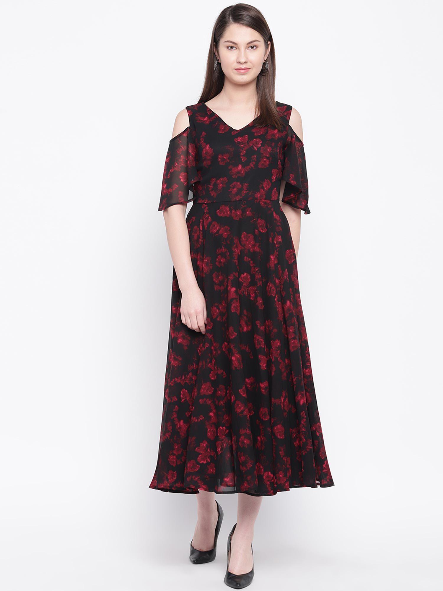 women black & red floral print midi dress