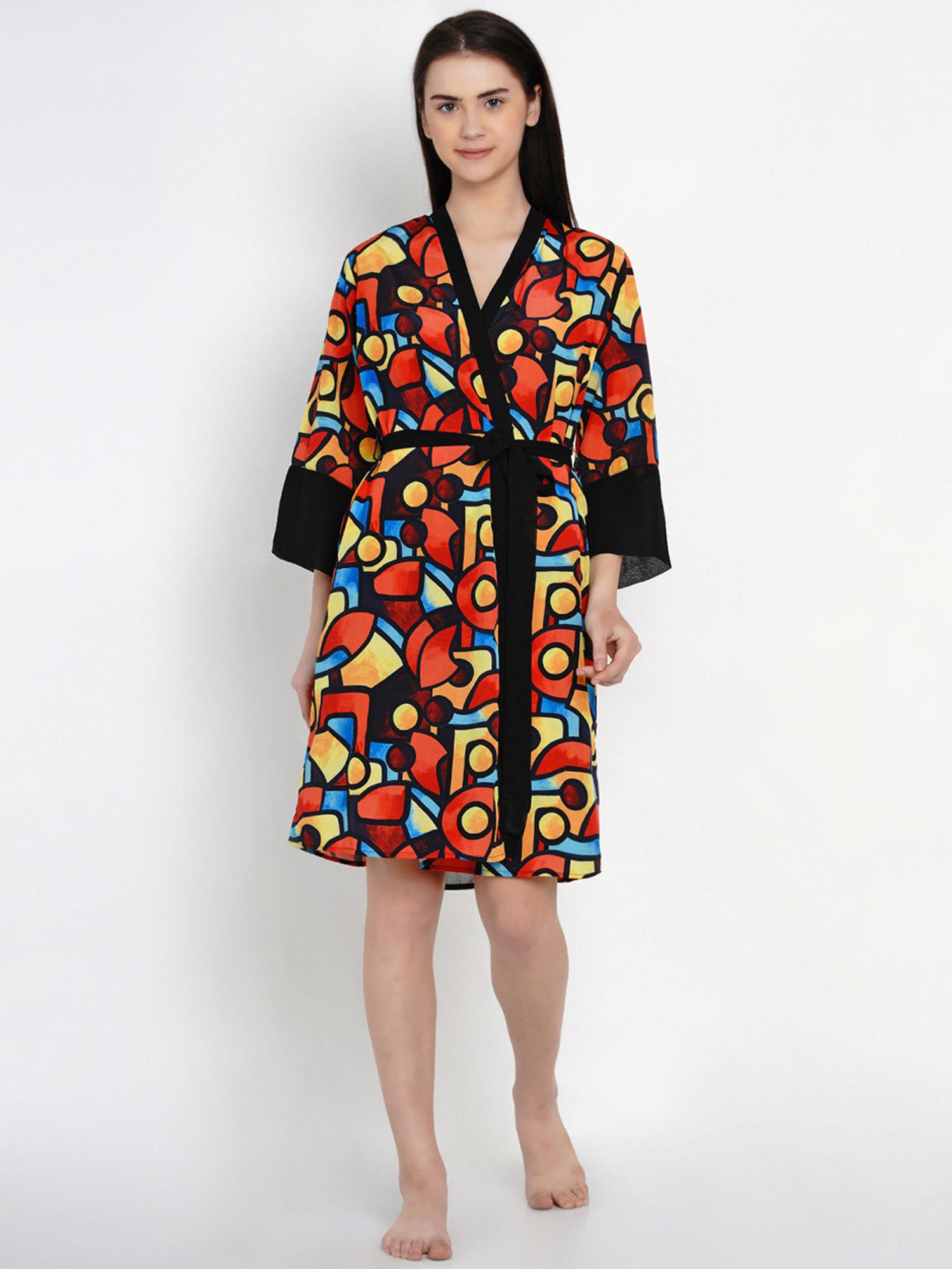 women black & red printed knee-length robe