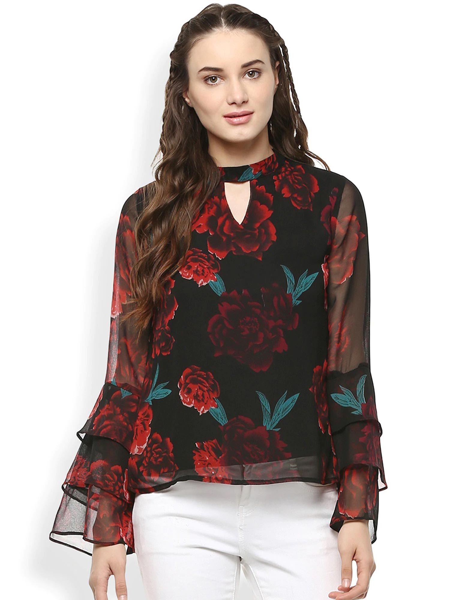 women black & red printed semi-sheer top