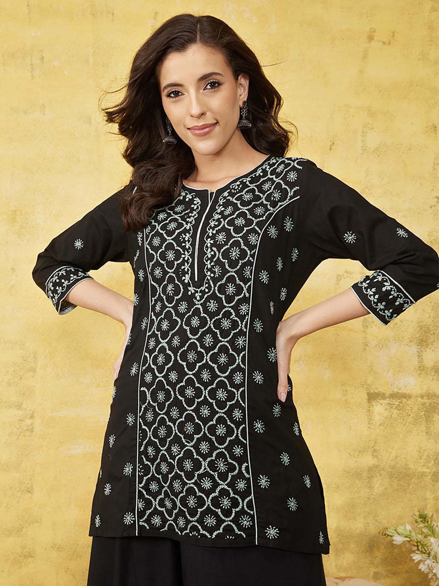 women black & sage green ethnic motifs embroidered chikankari kurti