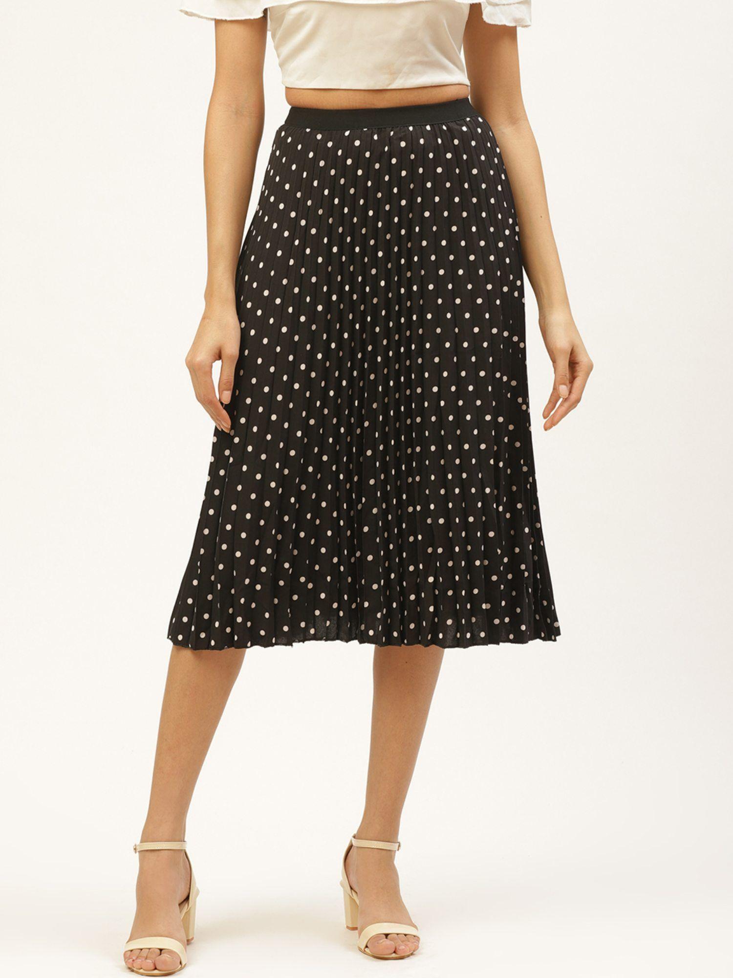 women black & white accordion pleated polka dots print a-line skirt