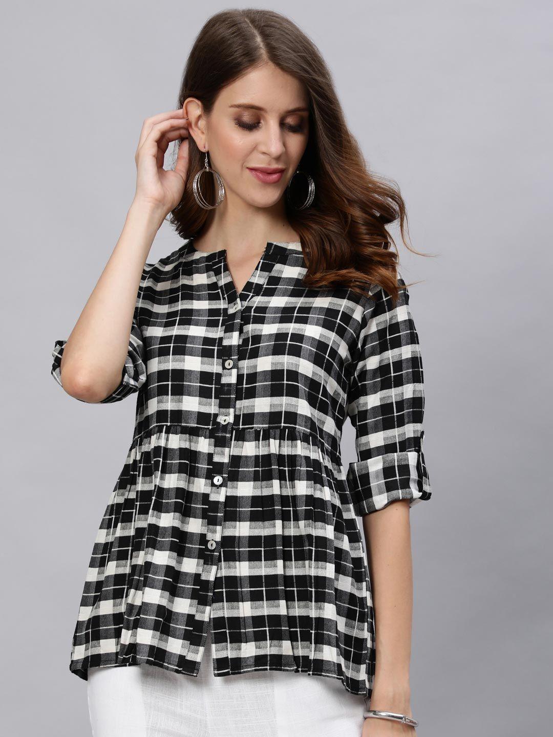 women black & white checked cotton top with gathered detail