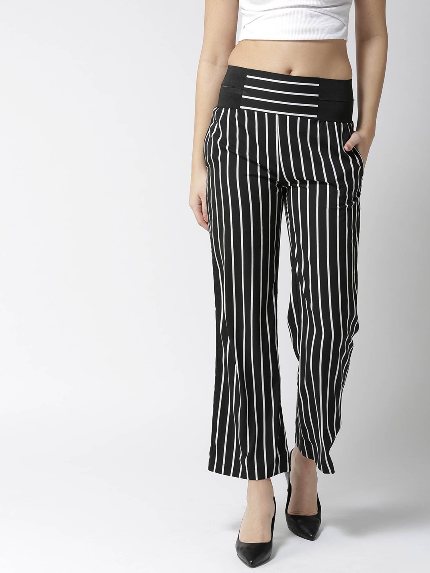 women black & white loose fit striped parallel trousers