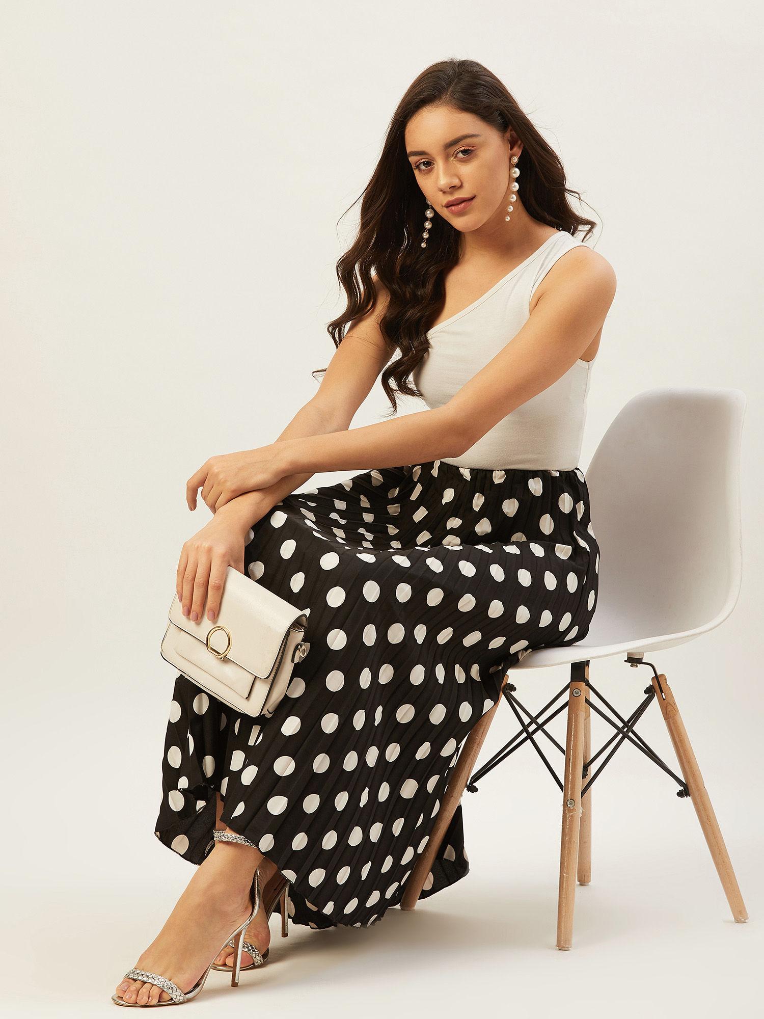 women black & white polka dot printed flared midi skirt