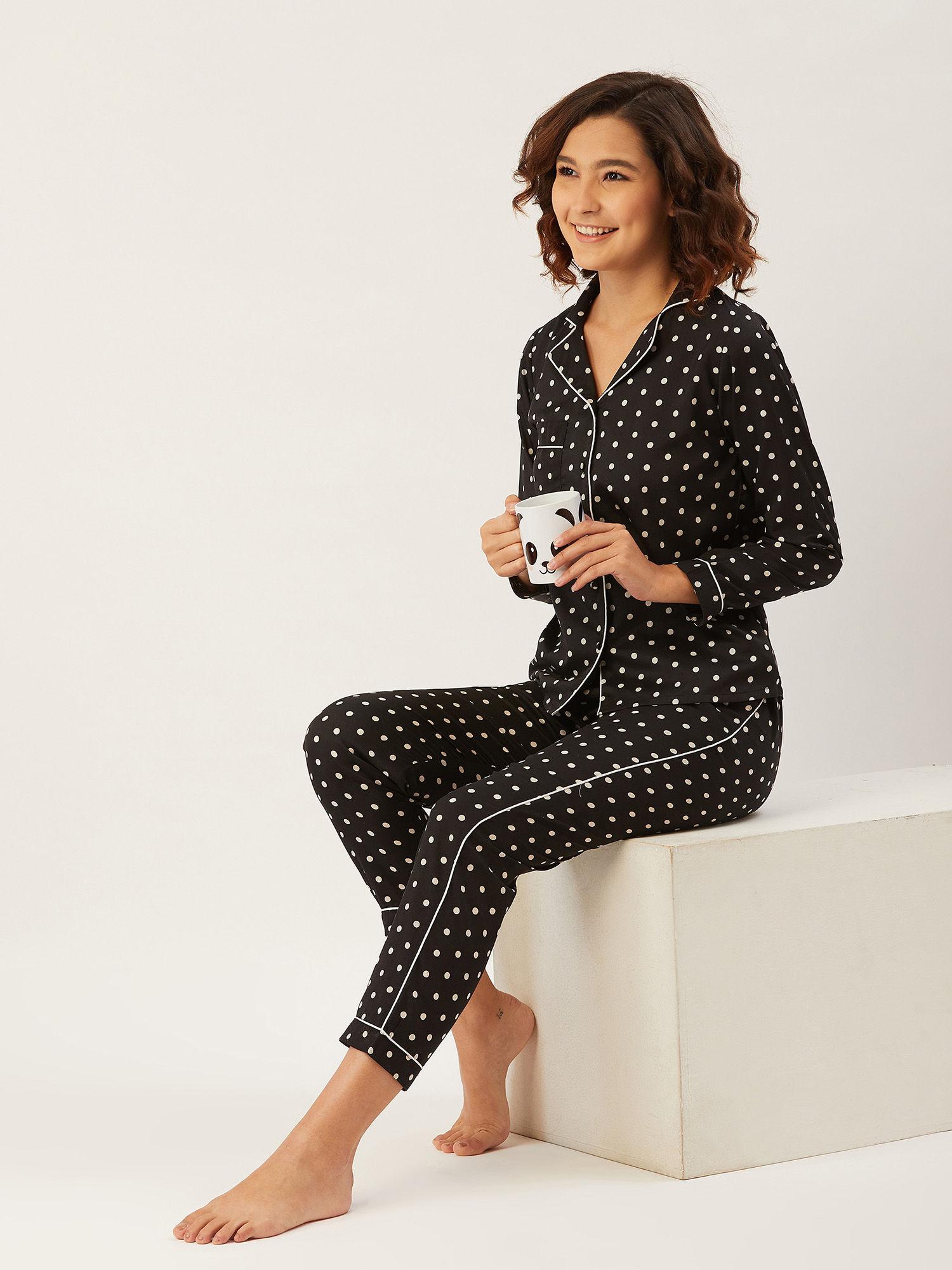 women black & white polka dot printed night suit set (set of 2)