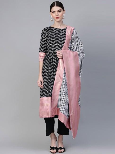 women black & white polka dots chevron khari printed kurta with trousers & dupatta