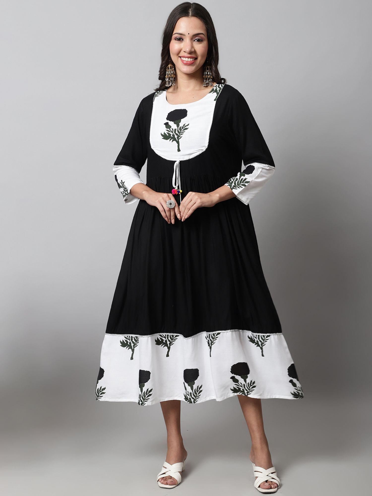 women black & white rayon printed dress