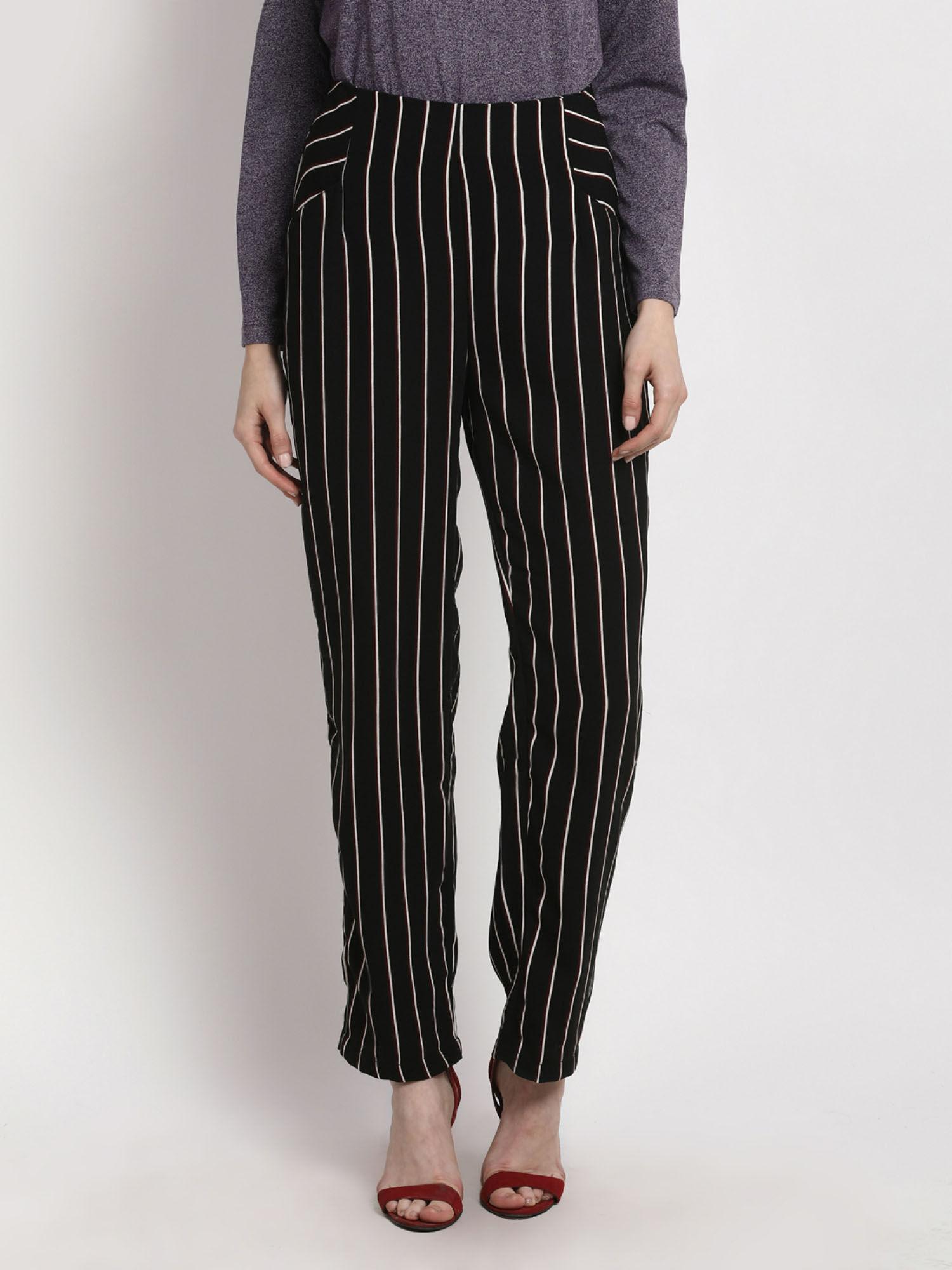 women black & white smart regular fit striped regular trousers