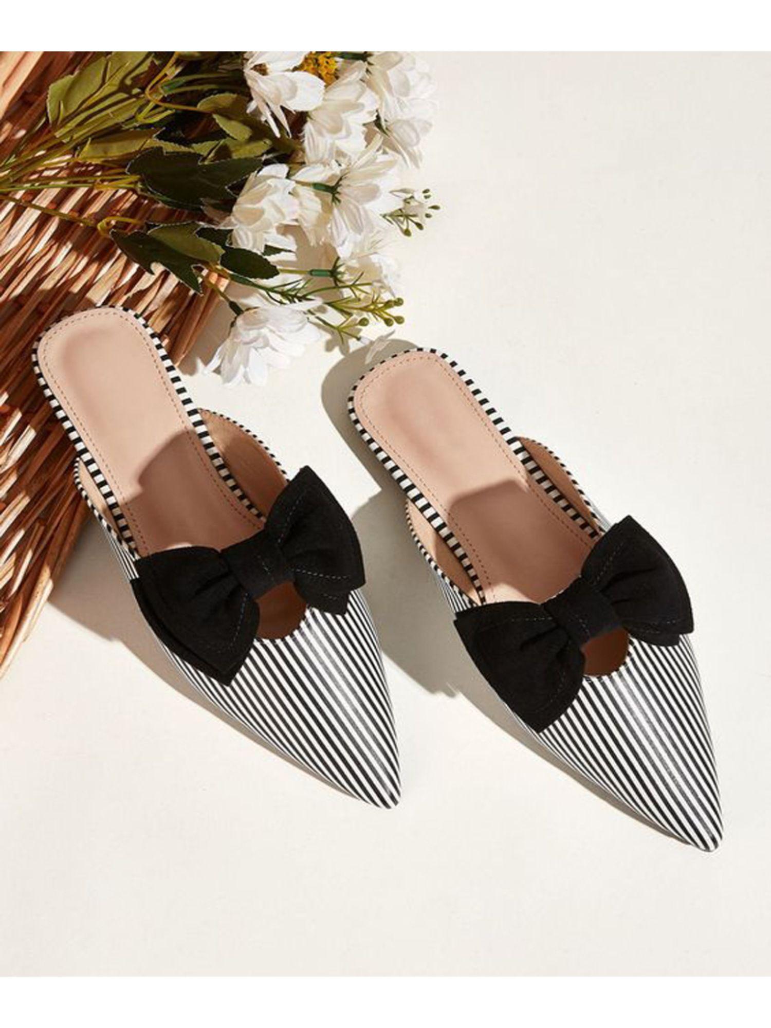 women black & white striped mules with bow