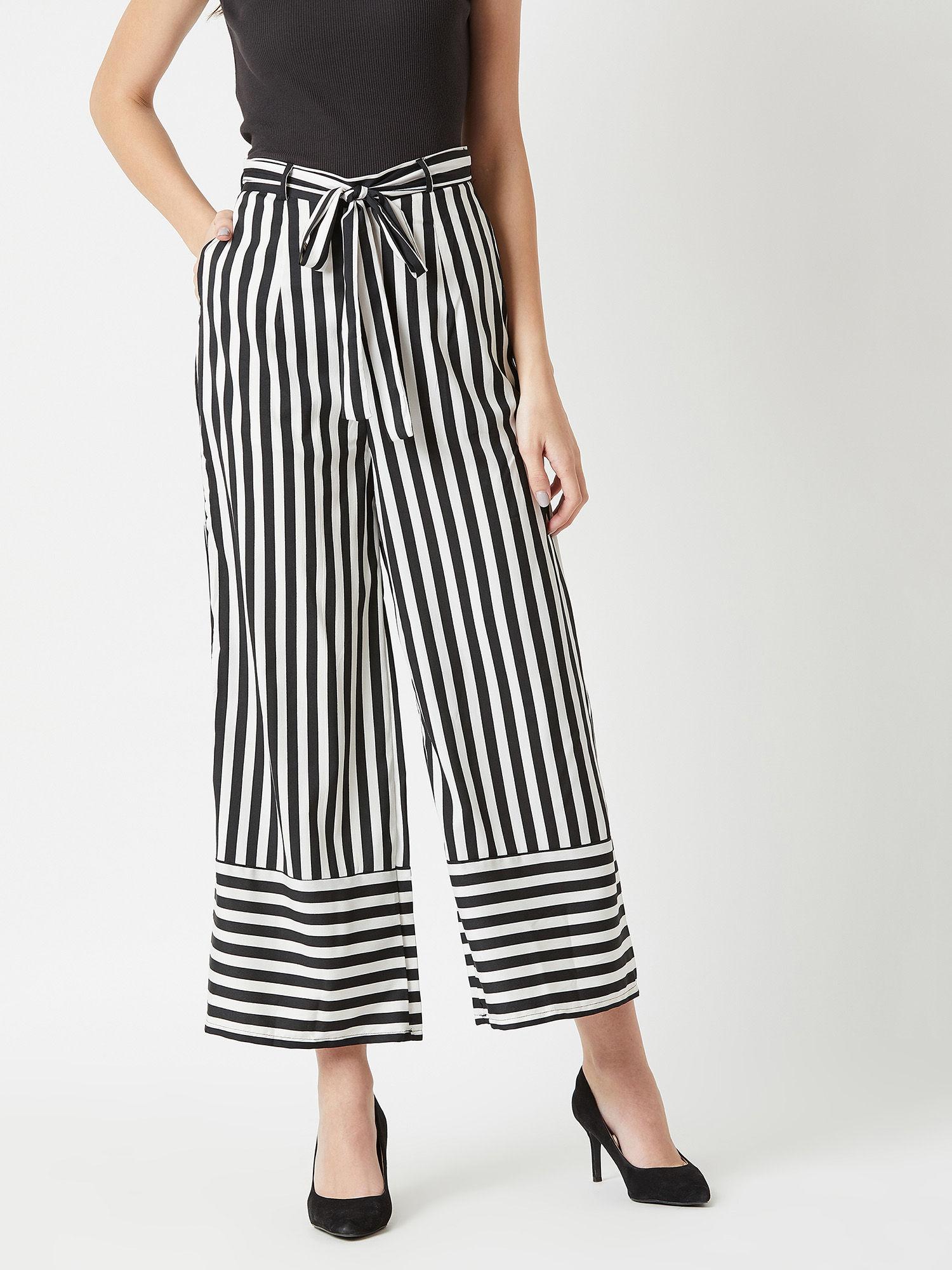 women black & white striped wide leg belted regular length trouser