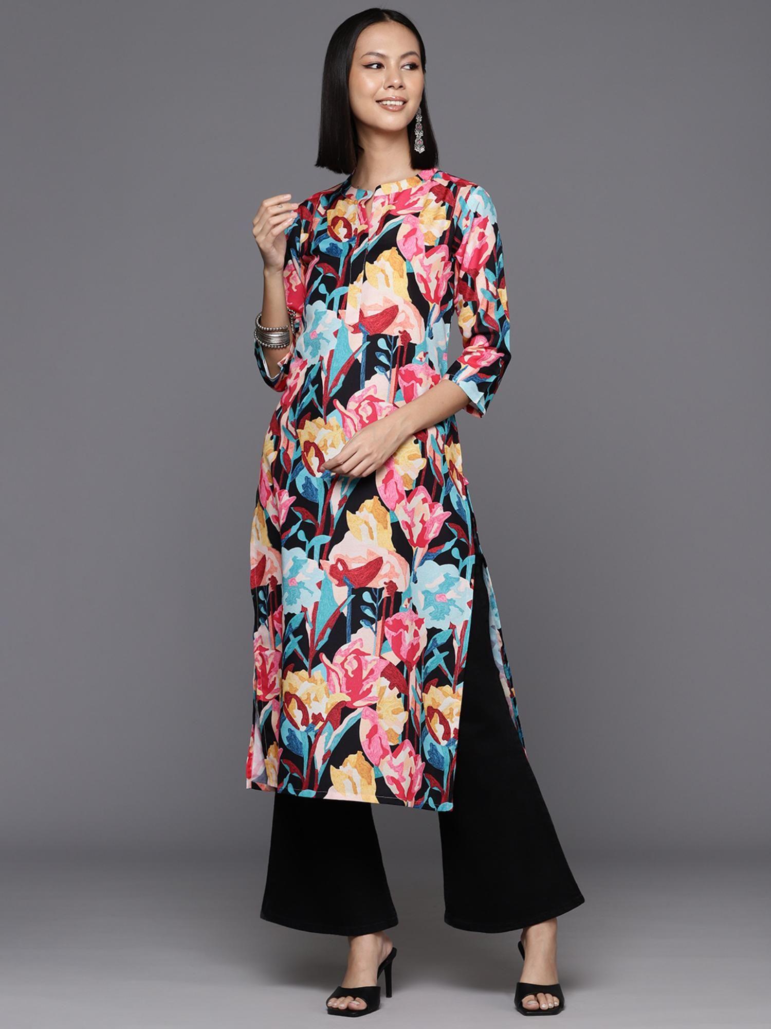 women black abstract floral straight kurta