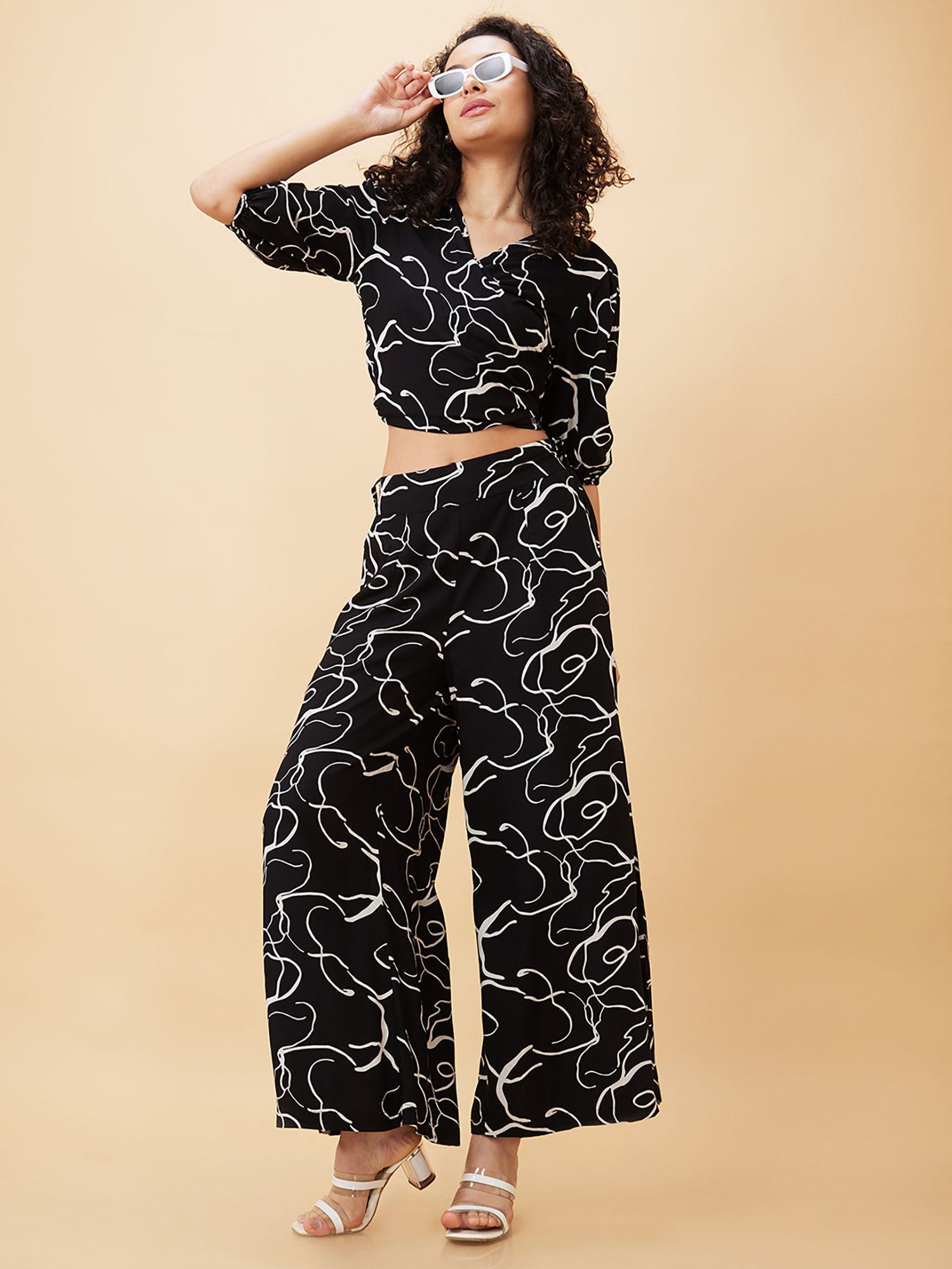 women black abstract print wrap tie-back crop top & flared palazzos co-ord set