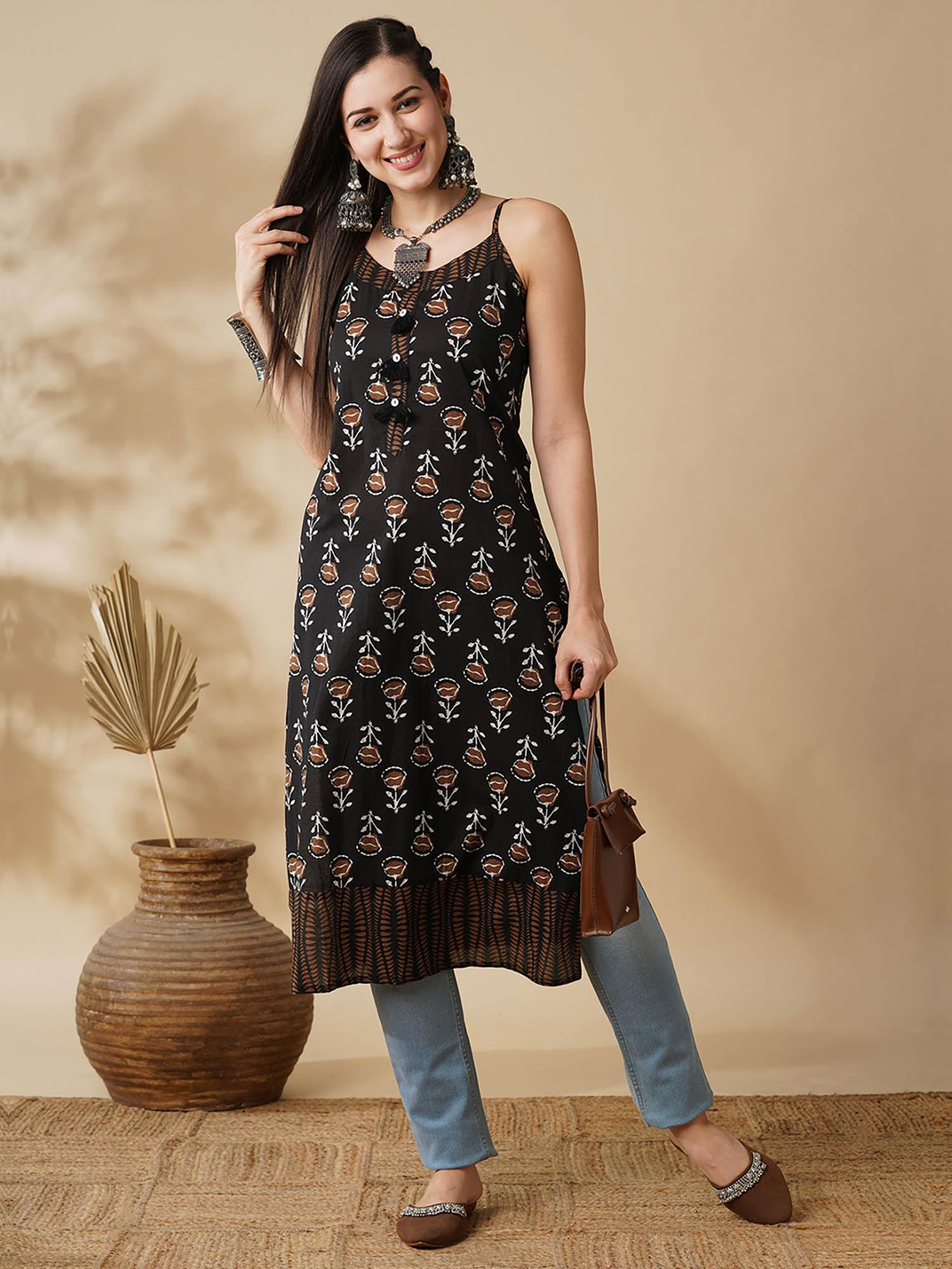 women black allover printed round neck adjustable strappy shoulder a-line calf length kurta