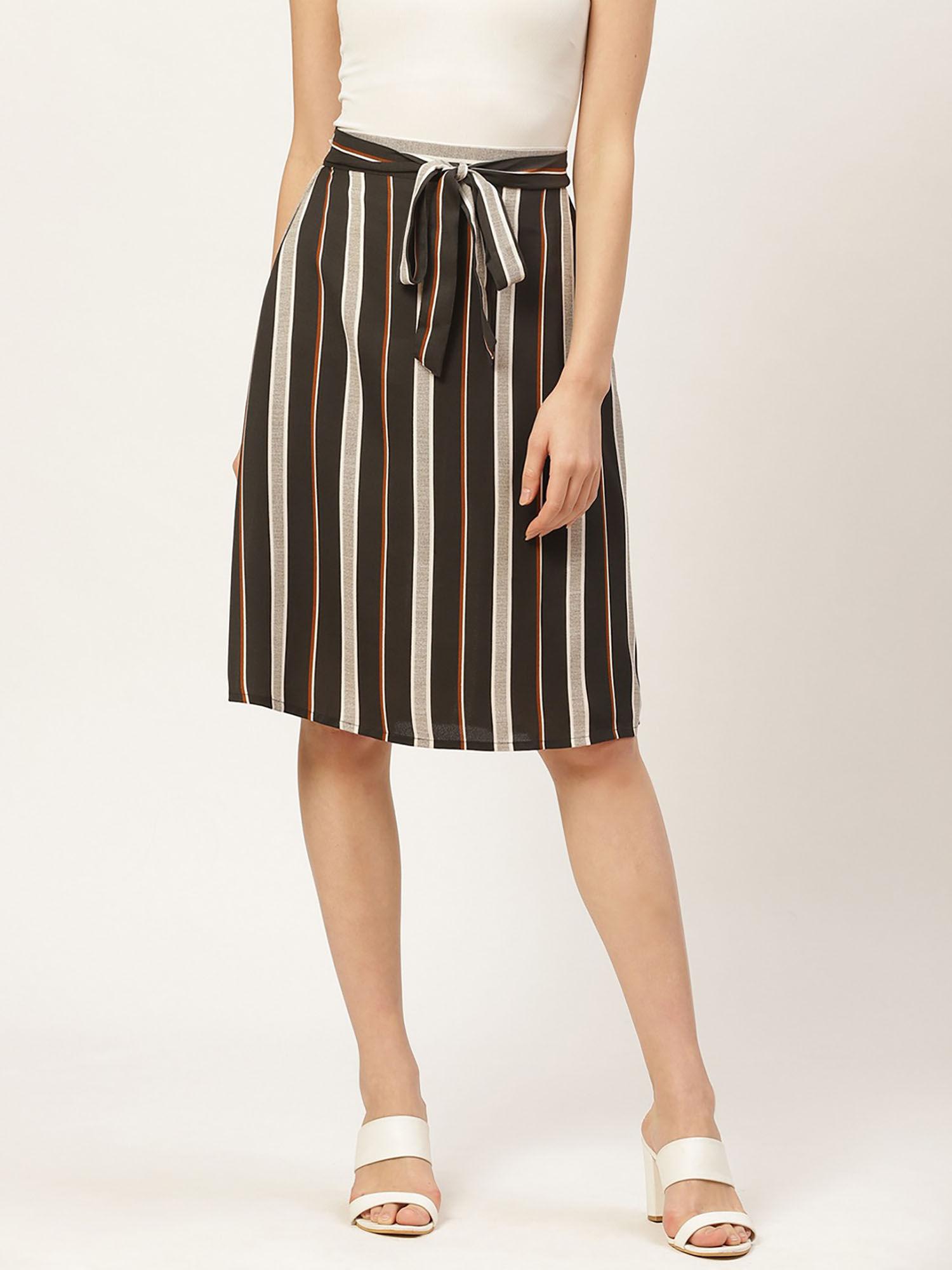 women black and beige striped a-line midi skirt