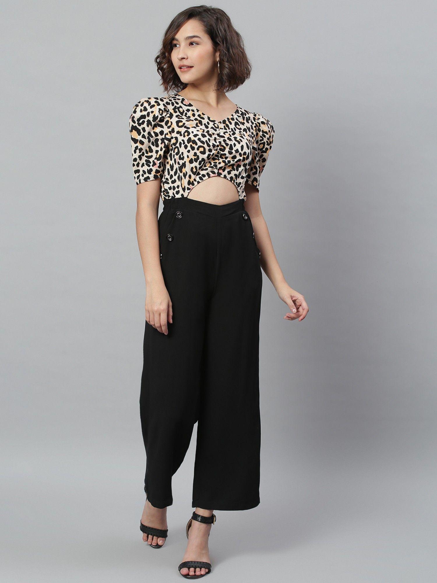 women black and cream-coloured leopard printed basic jumpsuit