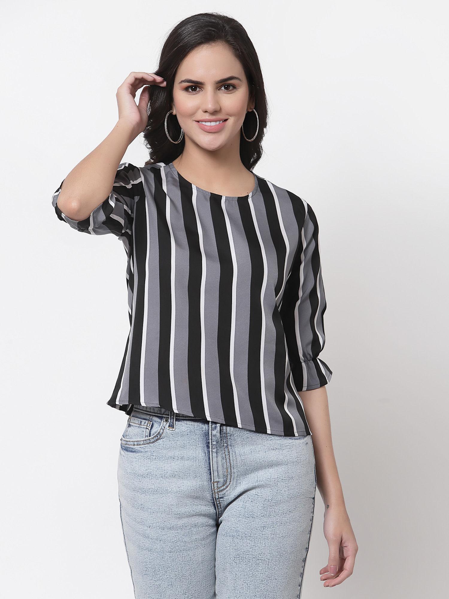 women black and multi stripe printed polyester smart casual top