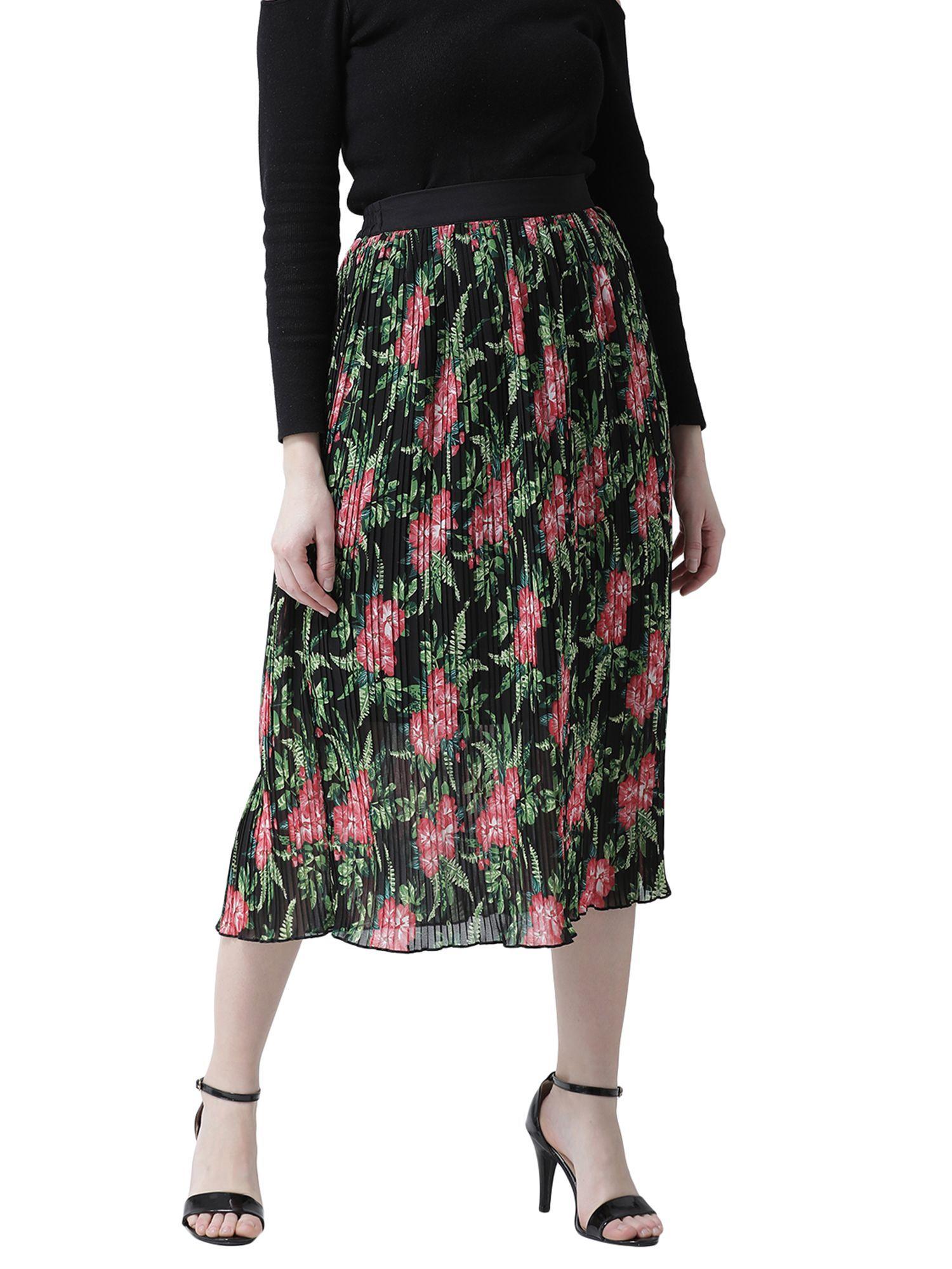 women black and red floral printed pleated a line midi skirt