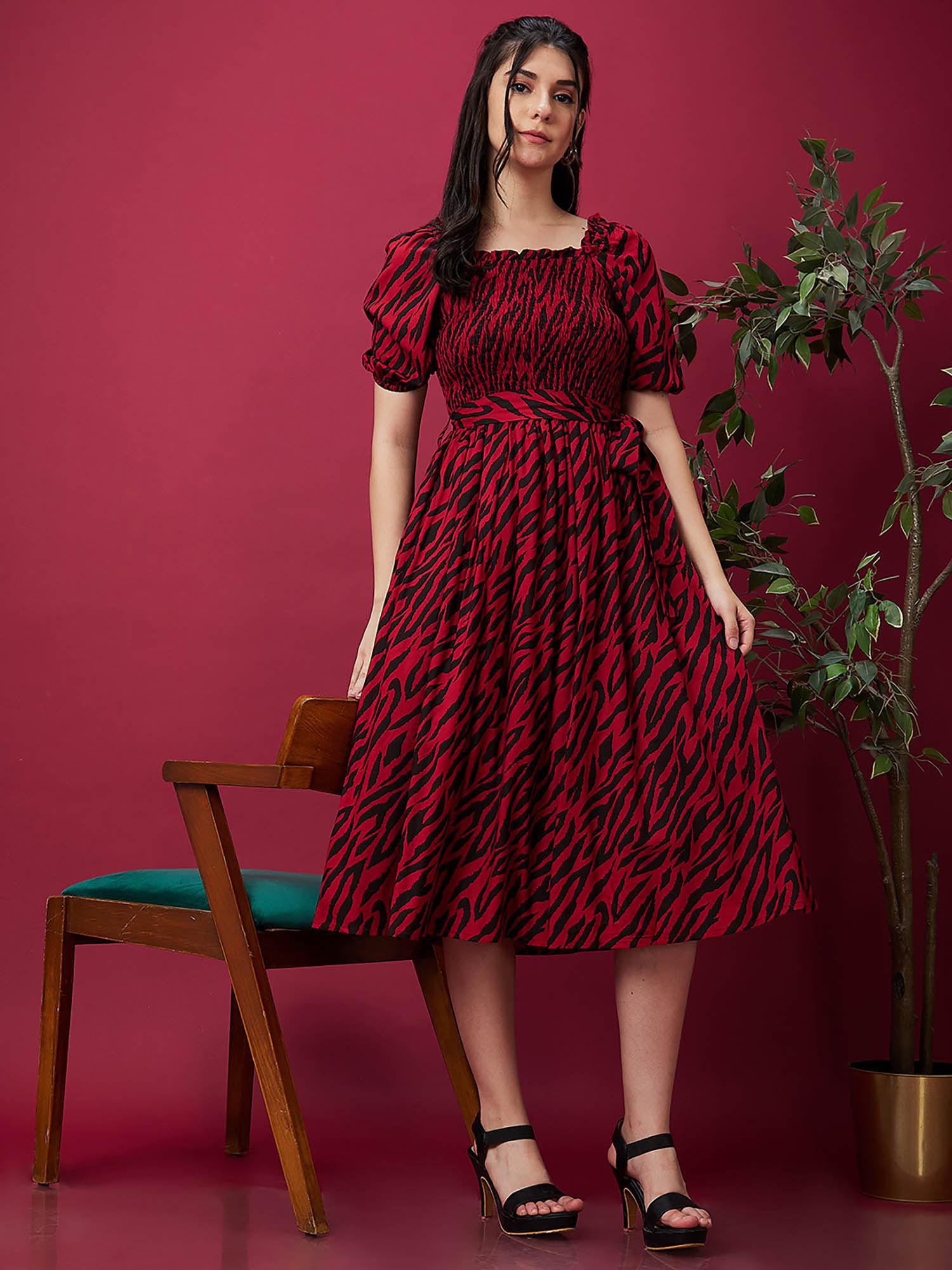 women black and red square neck smocked midi dress