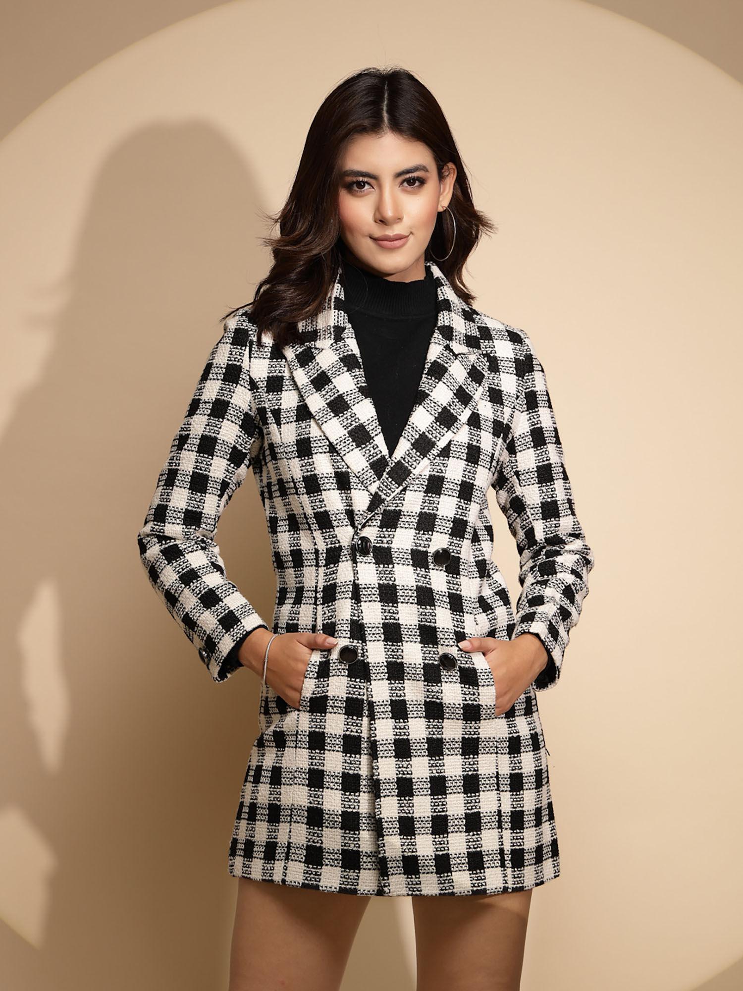 women black and white check woolen coat