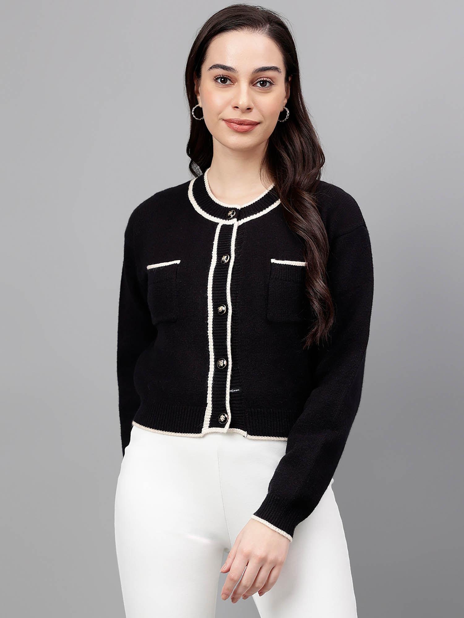 women black and white solid knitted long sleeves cardigan