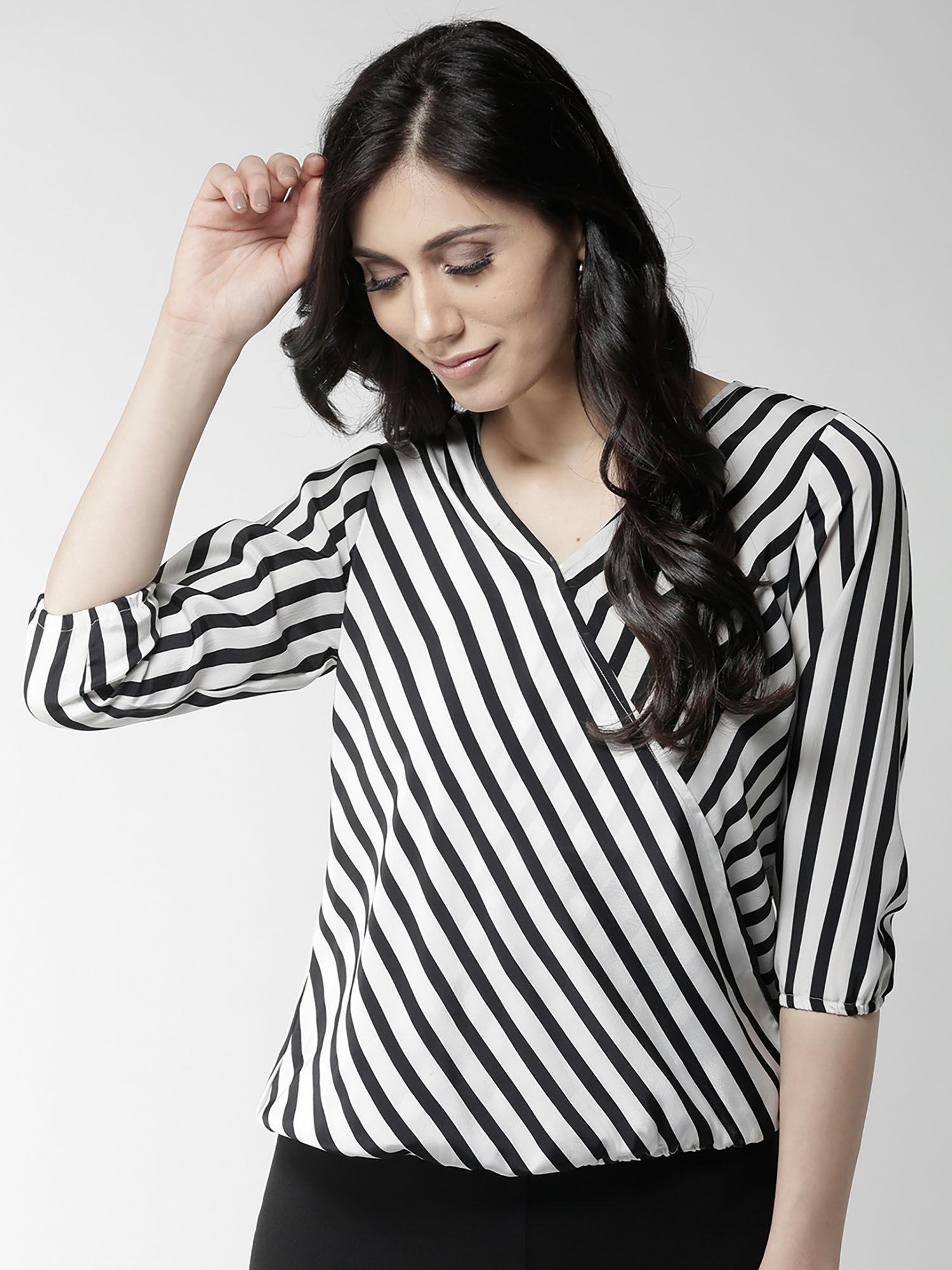 women black and white stripe polyester relaxed fit smart casual top