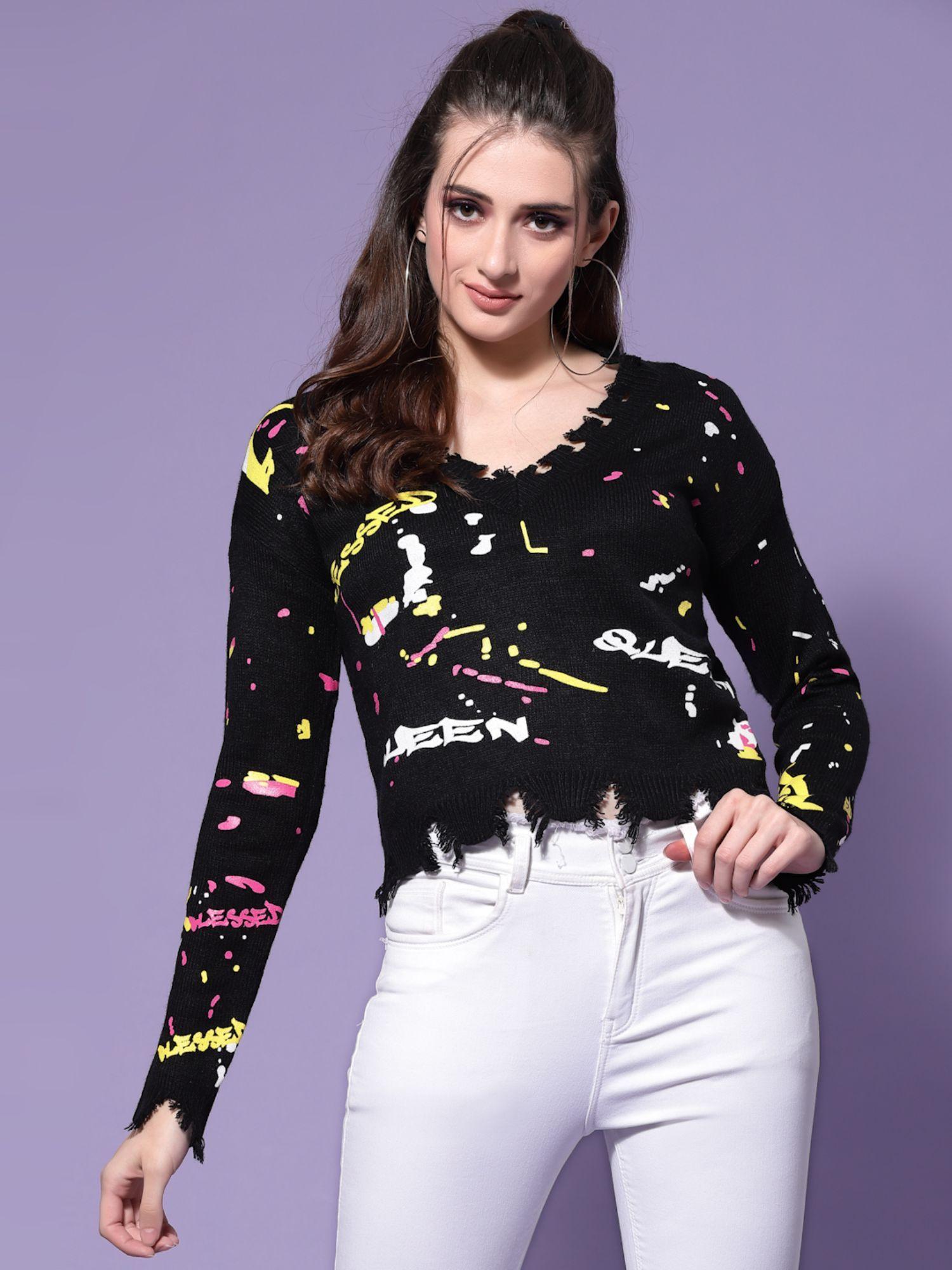 women black and yellow printed crop pullover