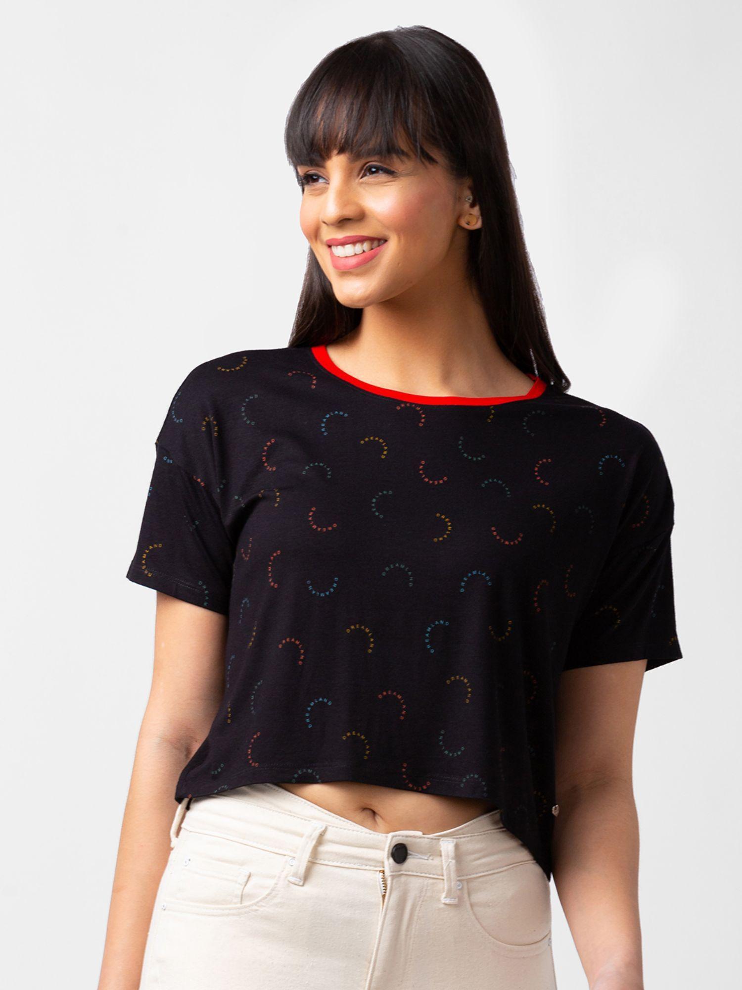 women black blended slim fit half sleeve printed crop top