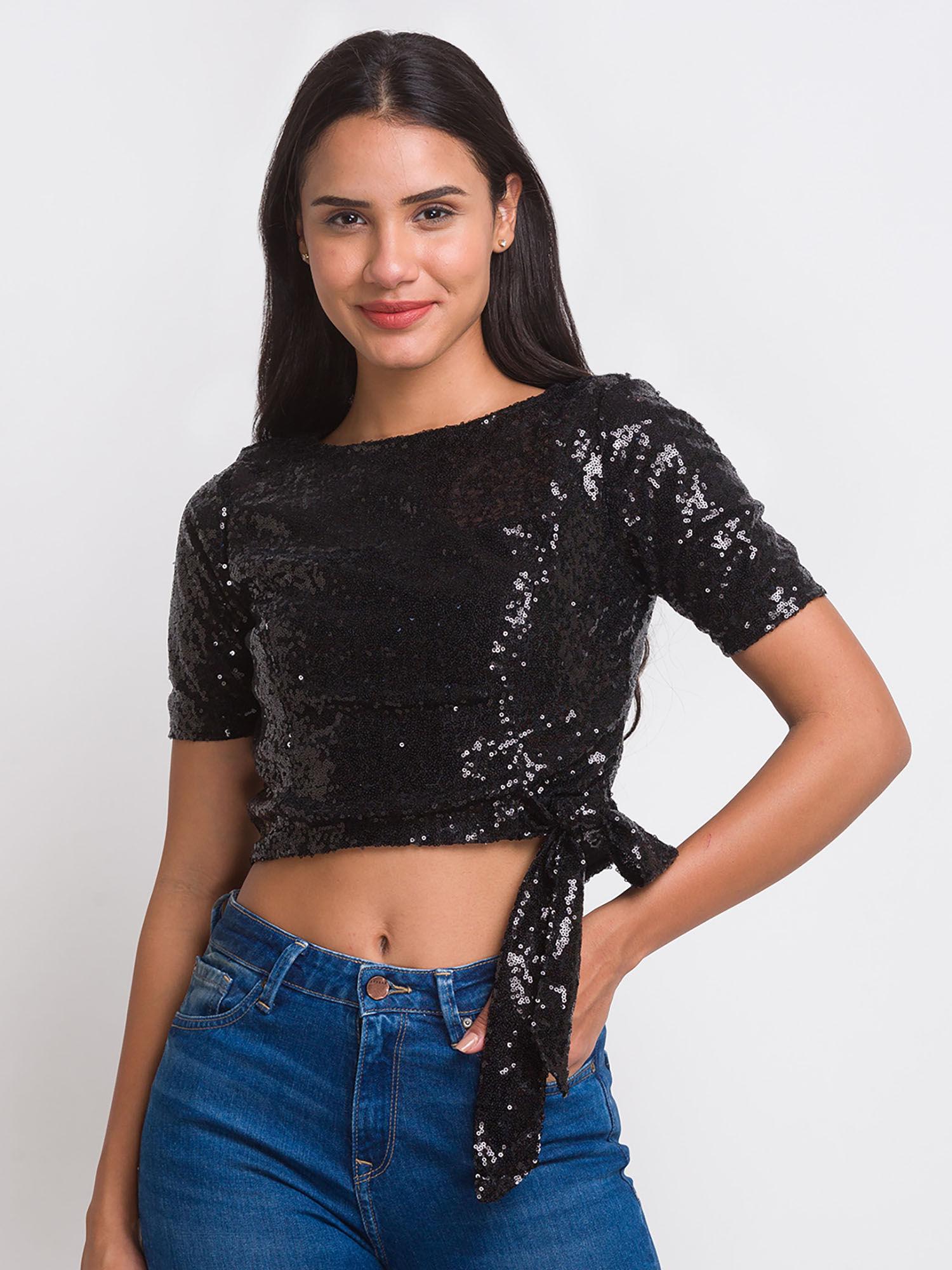 women black boat neck side tie-up sequinned party crop top