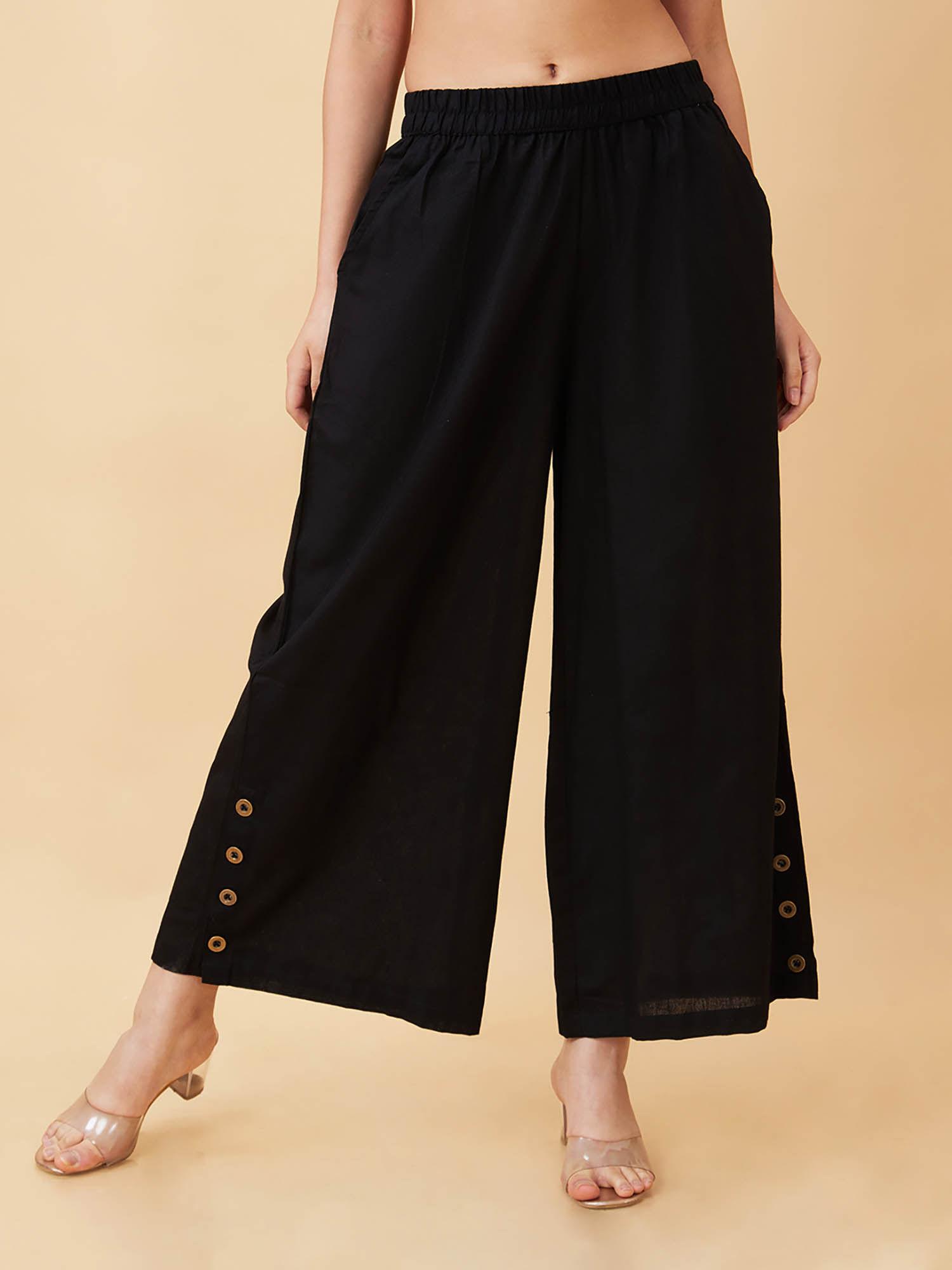 women black buttons detail wide leg ethnic palazzos