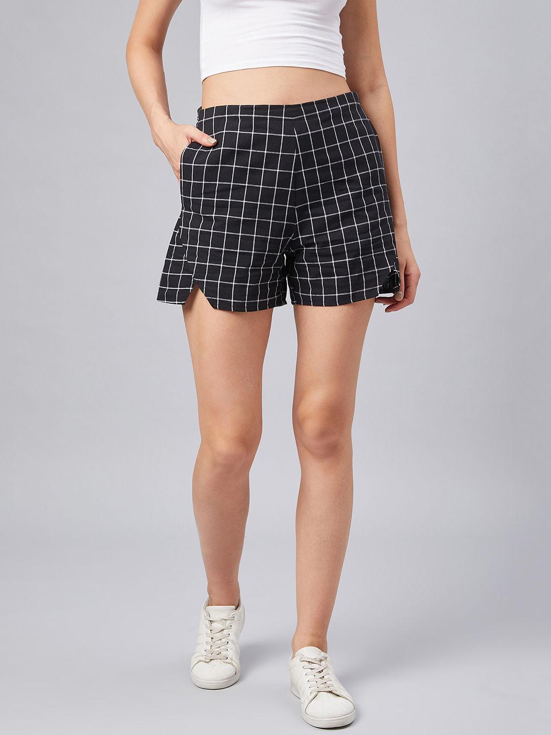 women black checks above knee mid-rise regular shorts