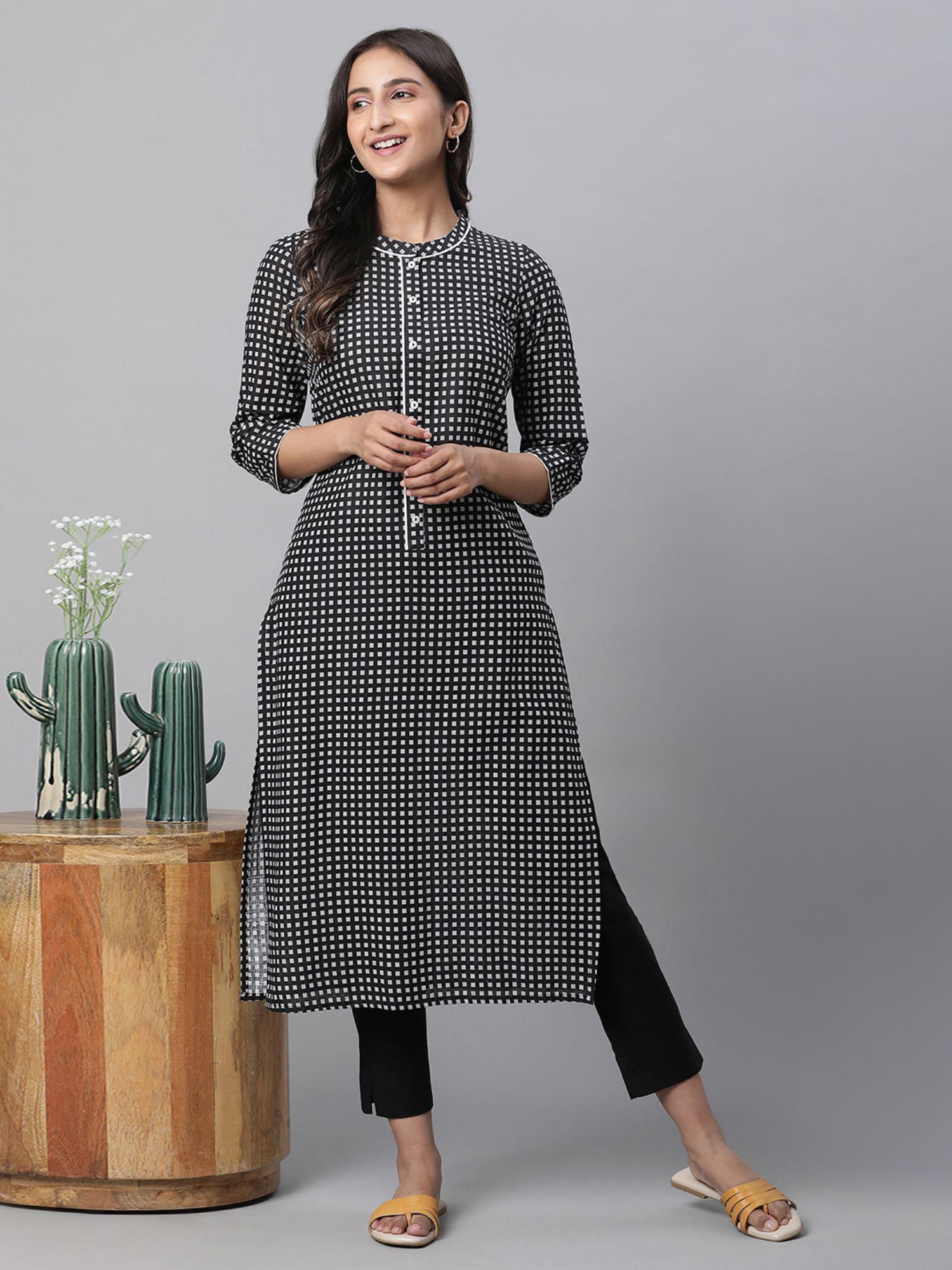 women black checks three fourth sleeves mandarin neck kurta