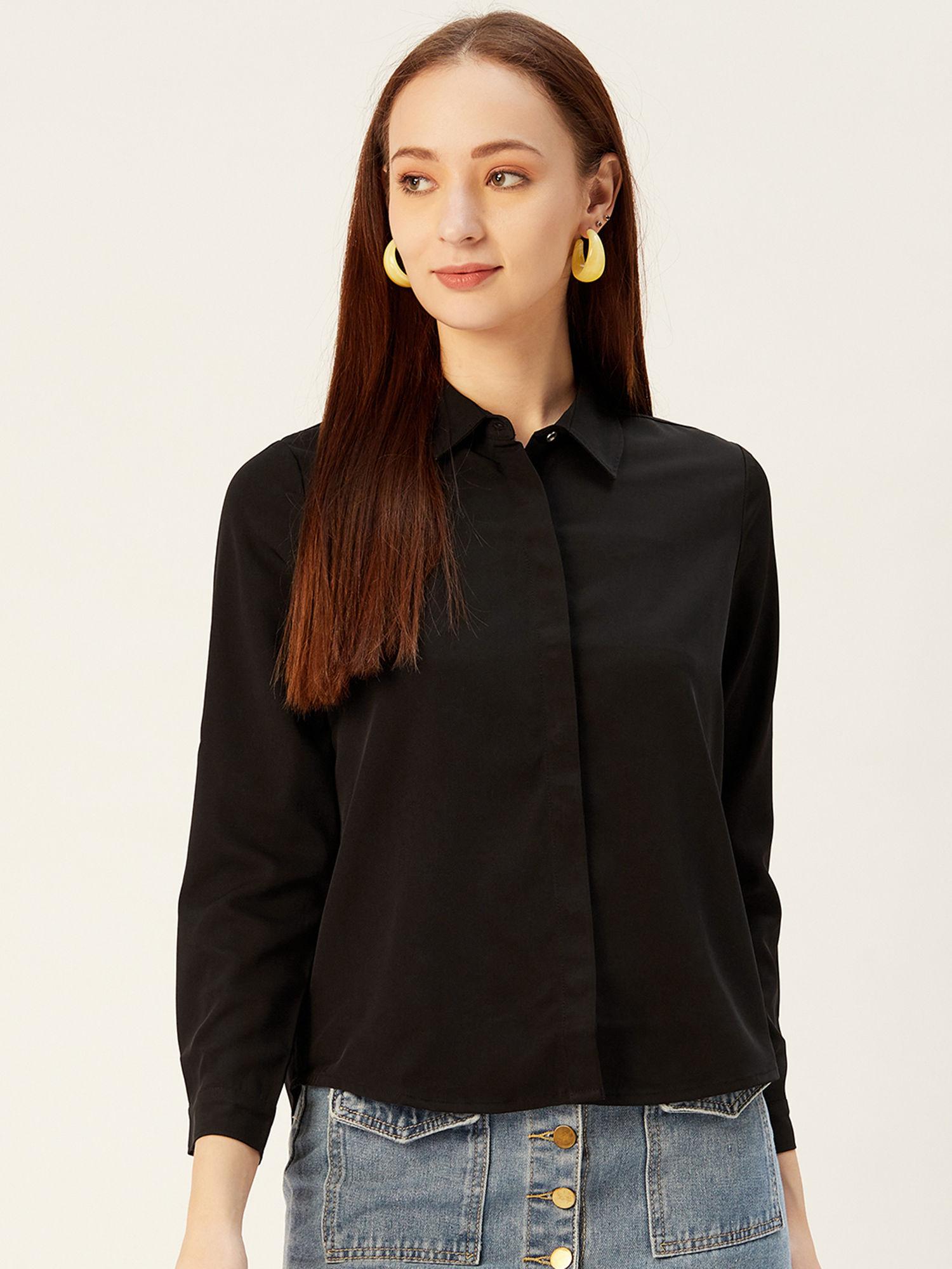 women black classic slim fit solid casual shirt