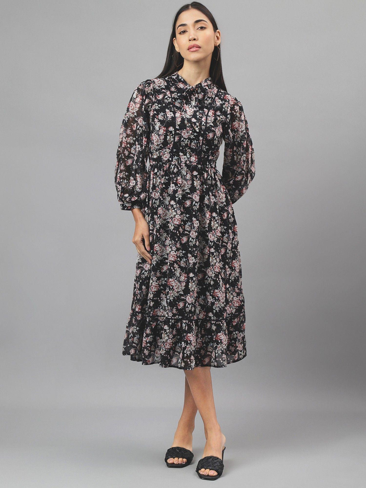 women black color floral print midi dress