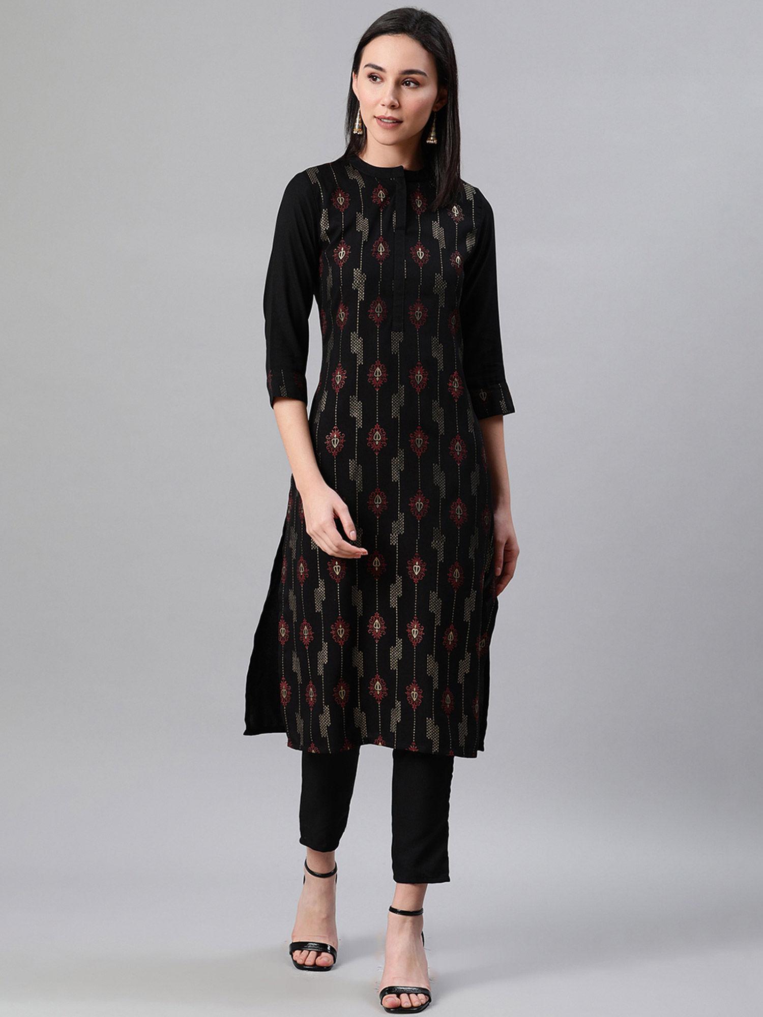 women black colour foil print straight kurta