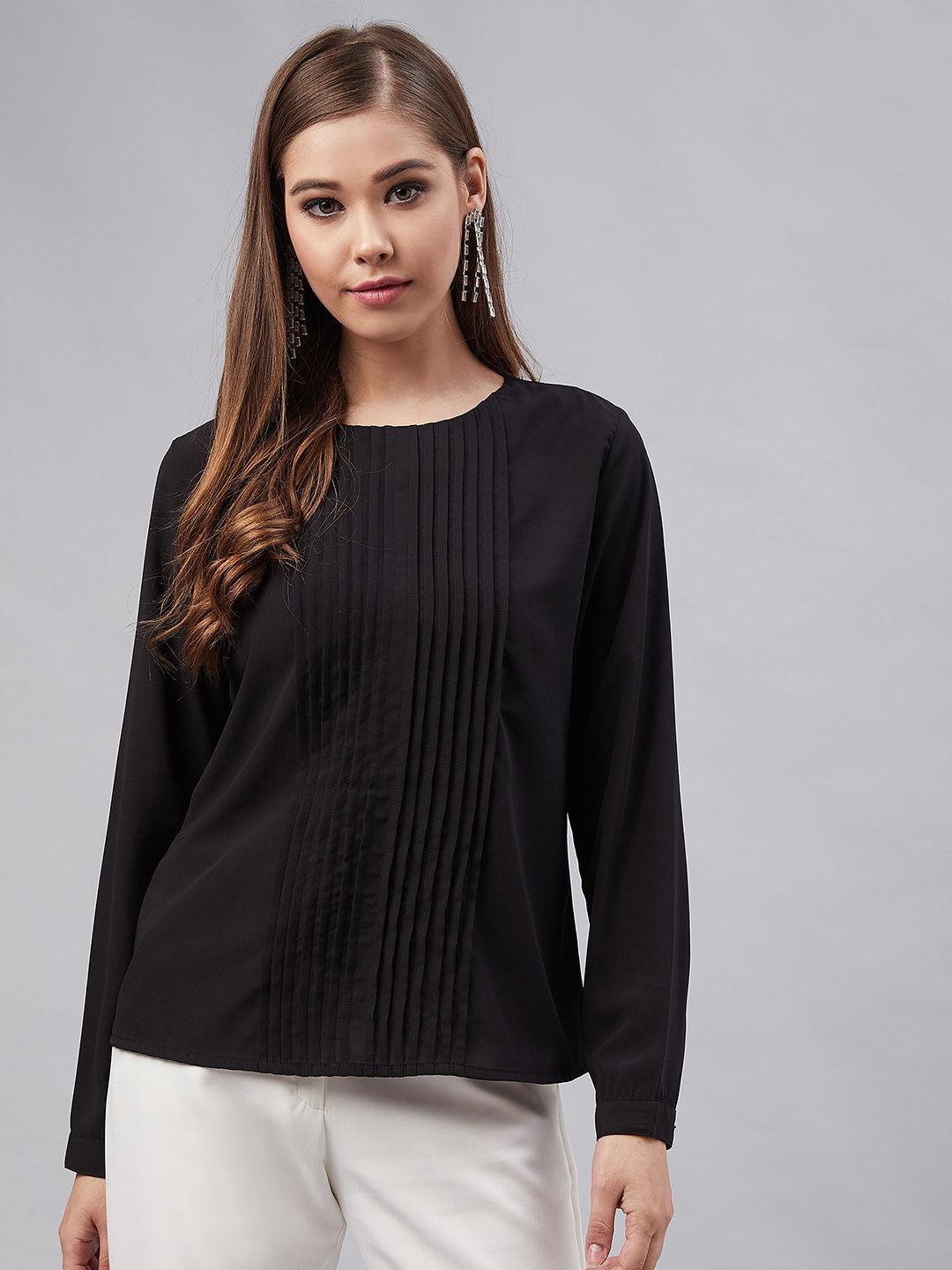 women black colour round neck solid regular top