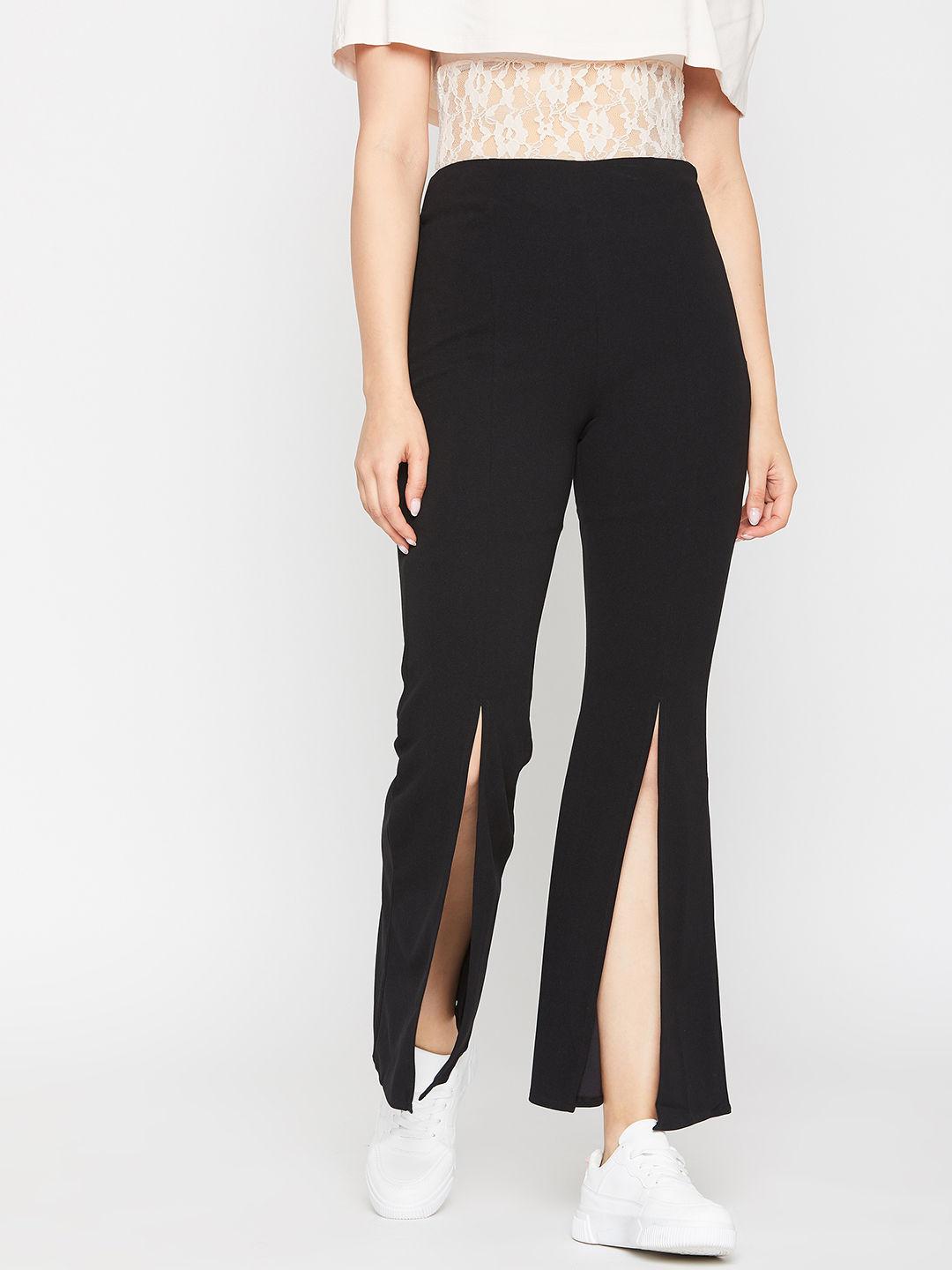 women black colour solid regular trouser