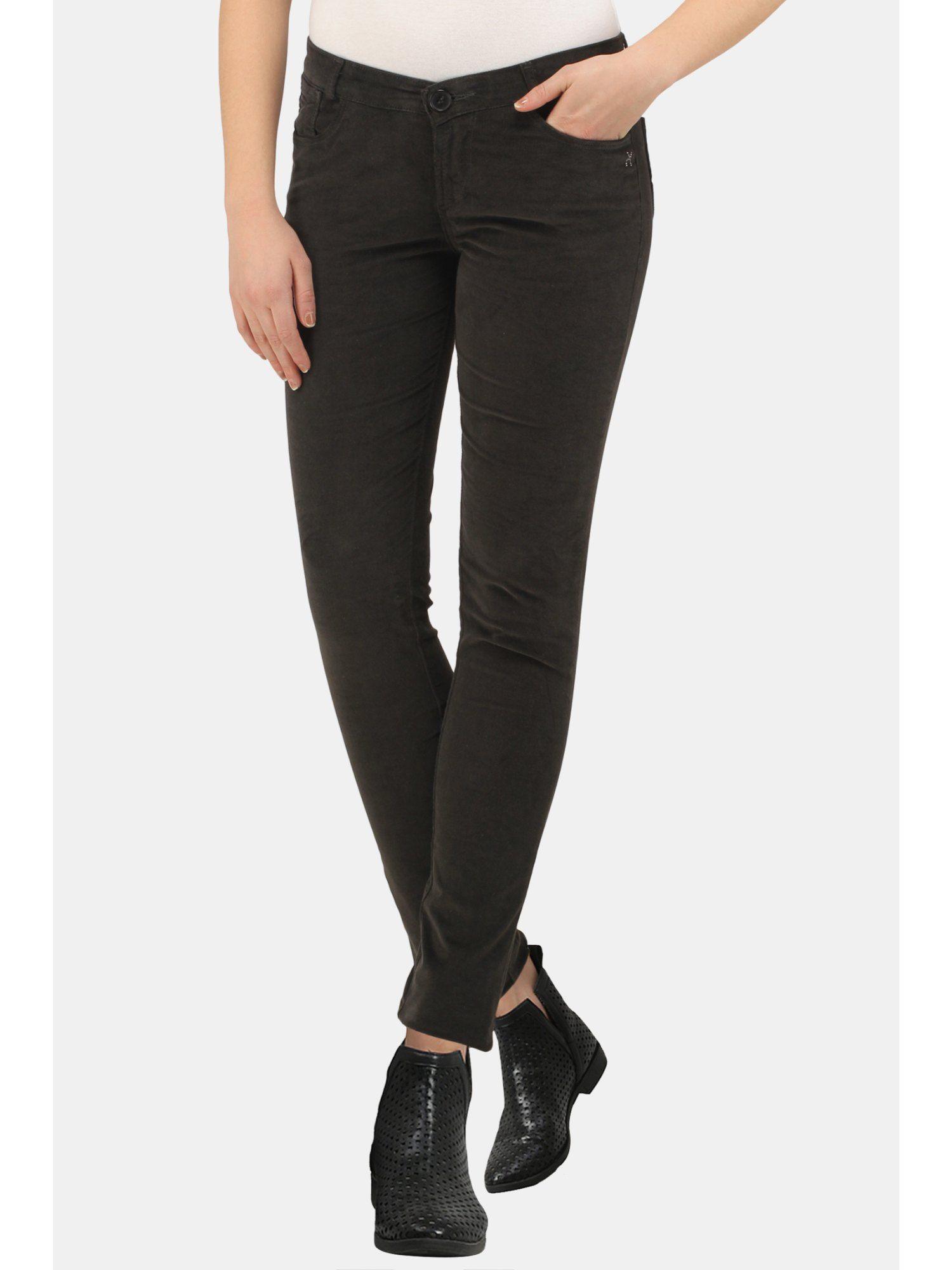 women black comfort slim fit low-rise corduroy trousers