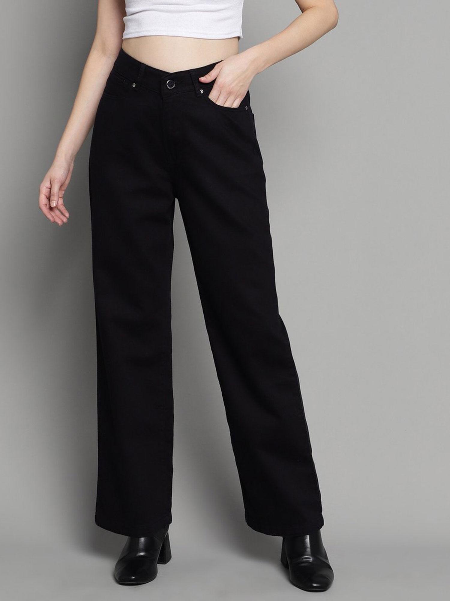 women black comfort wide leg high-rise elasticated non stretchable jeans
