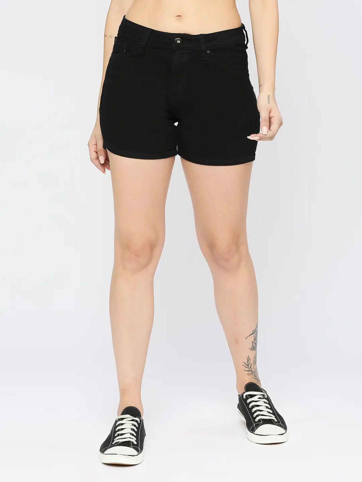 women black cottom slim fit above knee length denim shorts