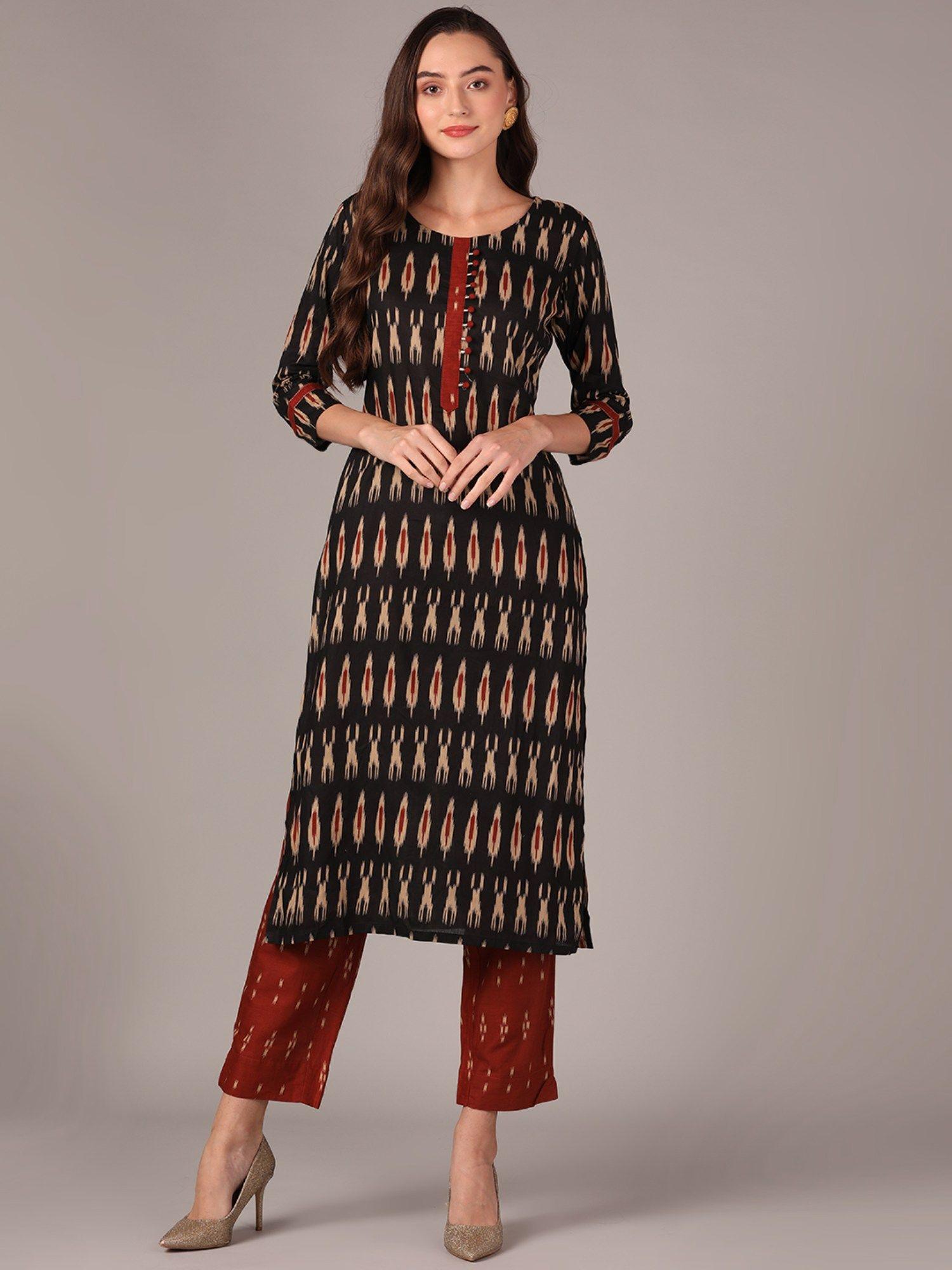 women black cotton blend ethnic motifs printed straight kurta with pant (set of 2)