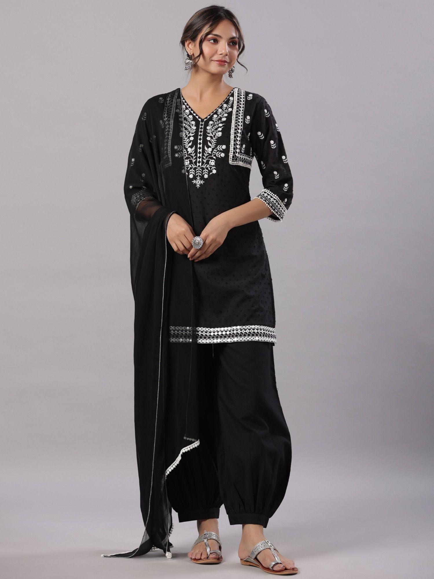 women black cotton dobby solid with embroidery straight kurta sets (set of 3)