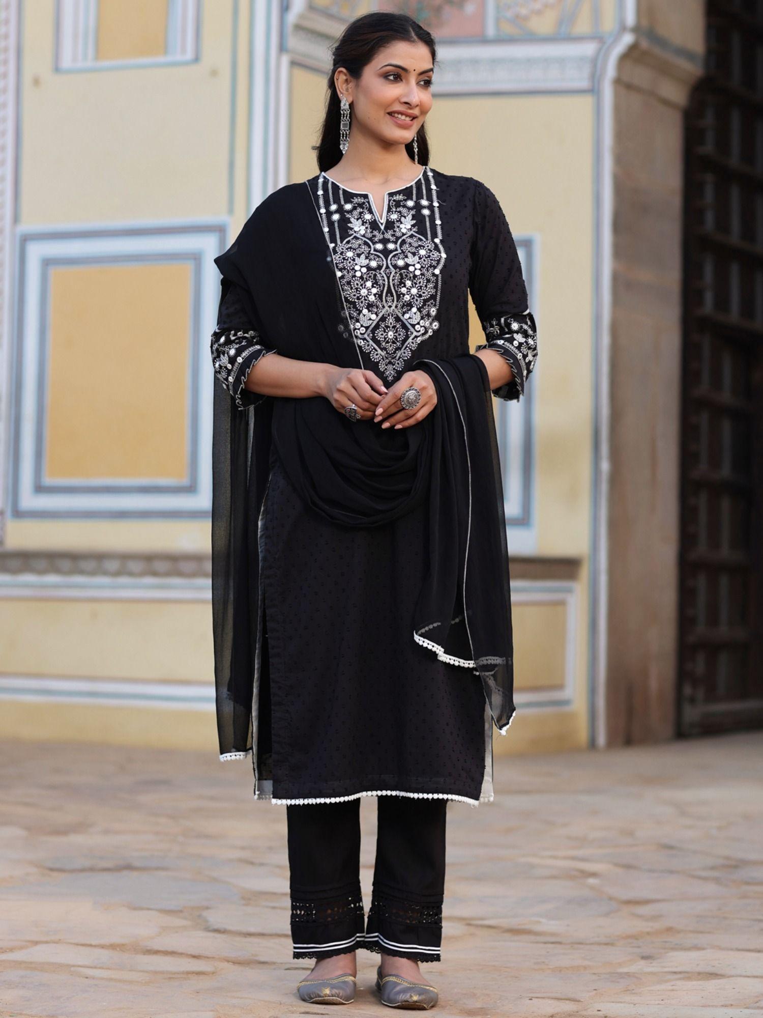 women black cotton dobby solid with embroidery straight kurta sets (set of 3)