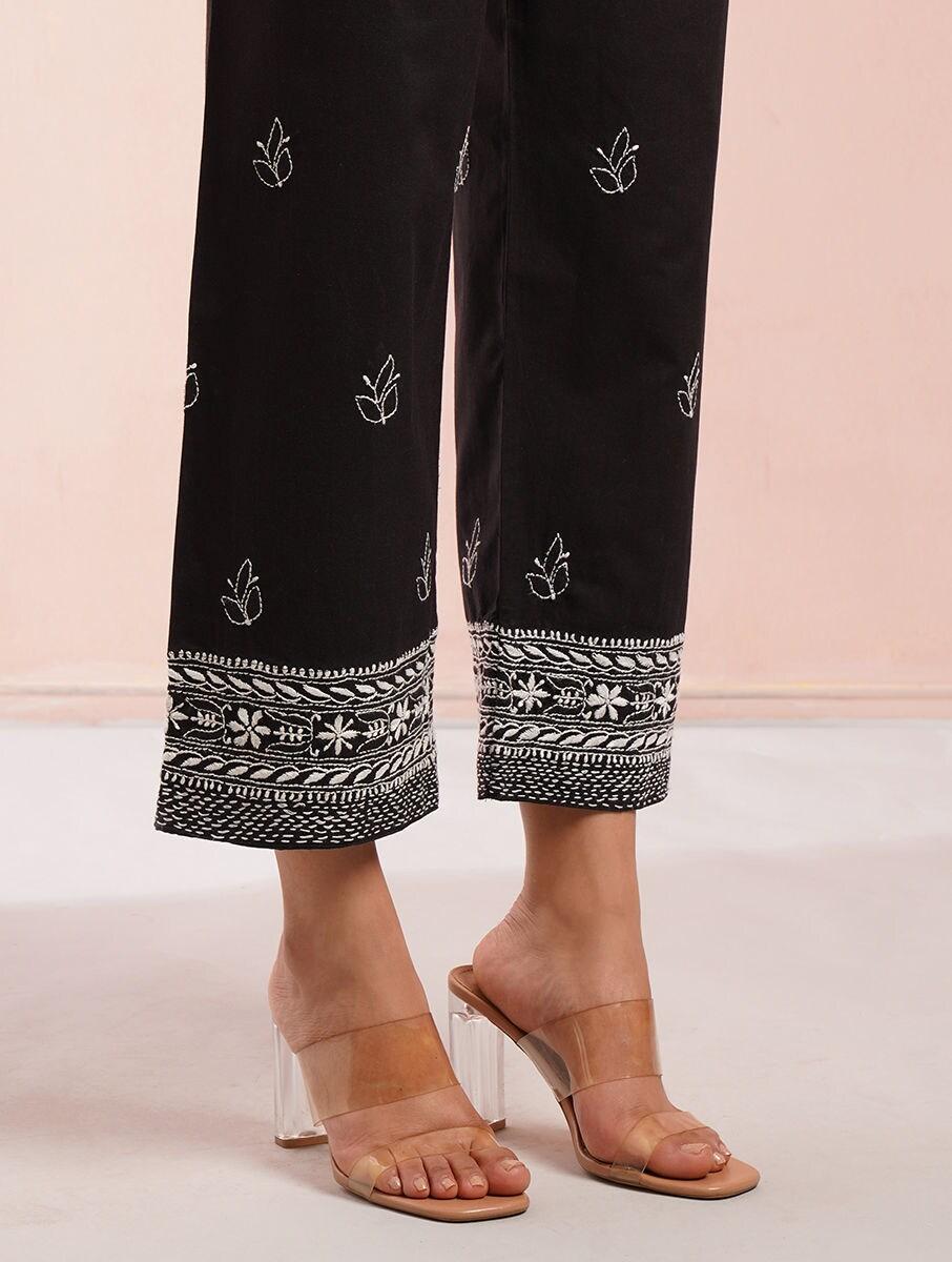 women black cotton embroidered ankle length regular fit pants