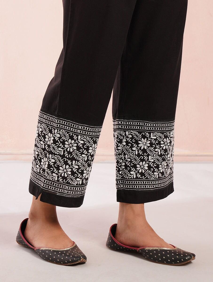 women black cotton embroidered ankle length regular fit pants